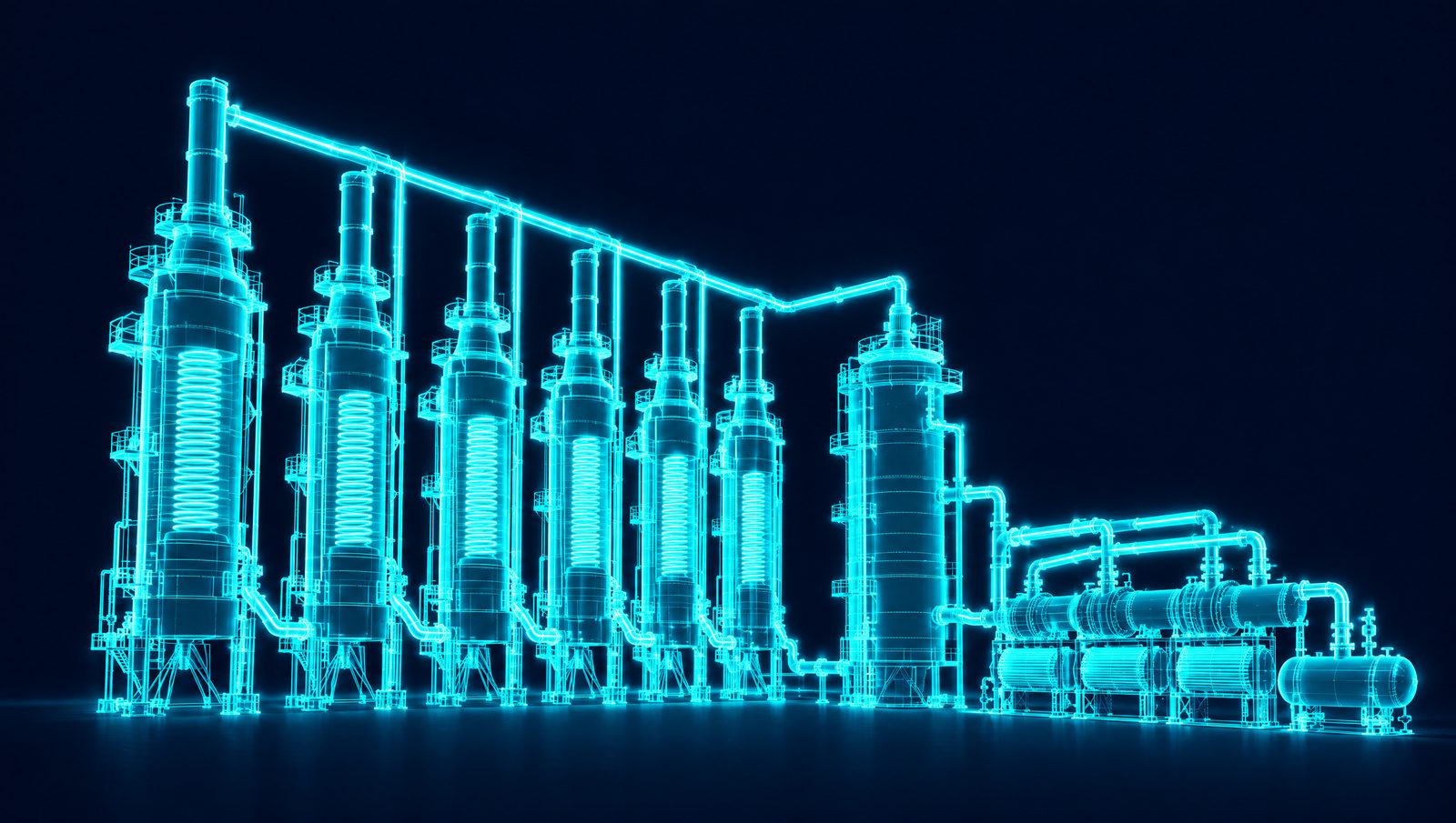 Wireframe rendering of an ethylene cracker furnace bank feeding a quench tower and cracked gas compressor