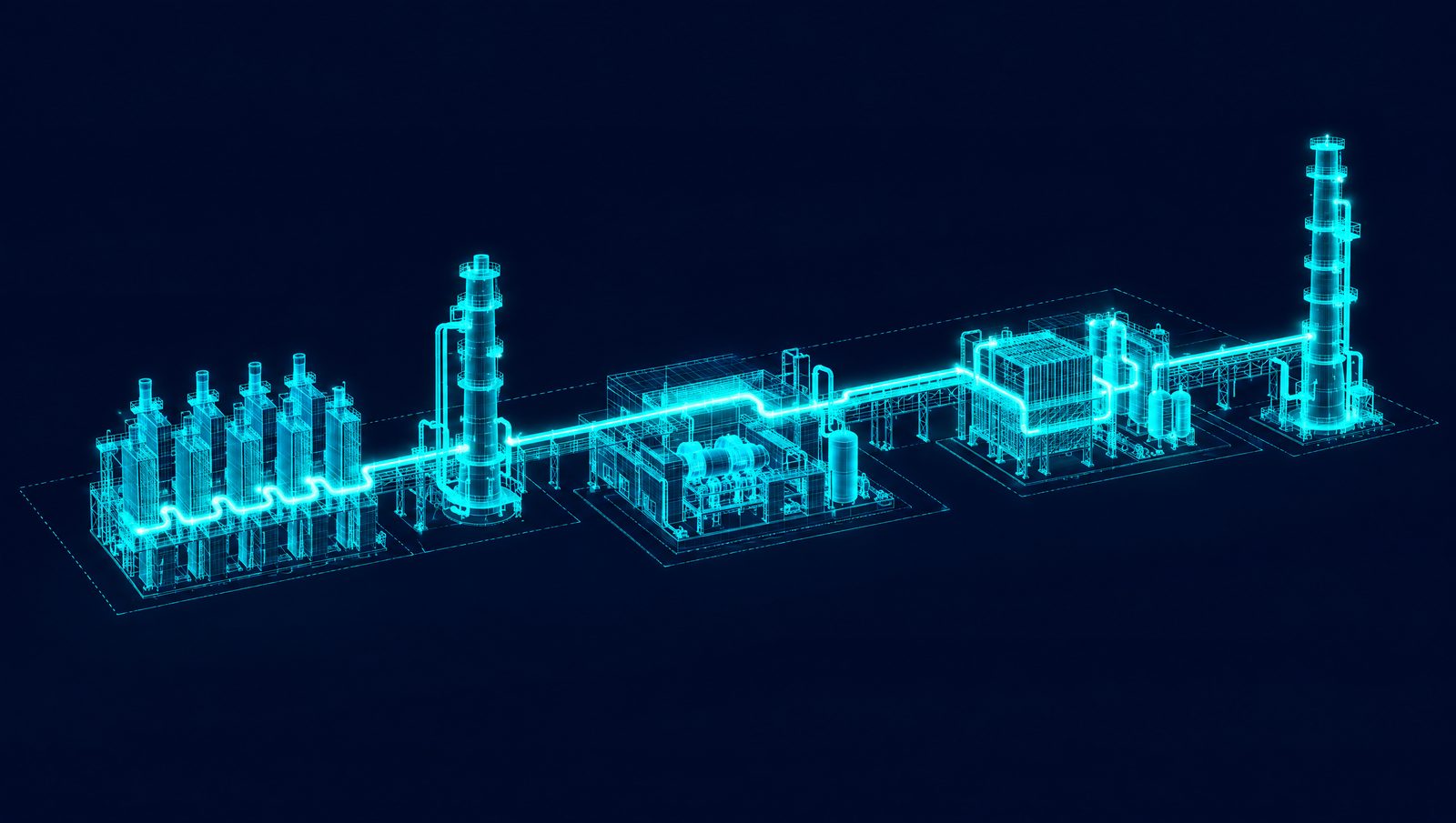 Wireframe illustration of an ethylene plant with cracking furnaces, quench tower, compressor house, cold box and ethylene splitter