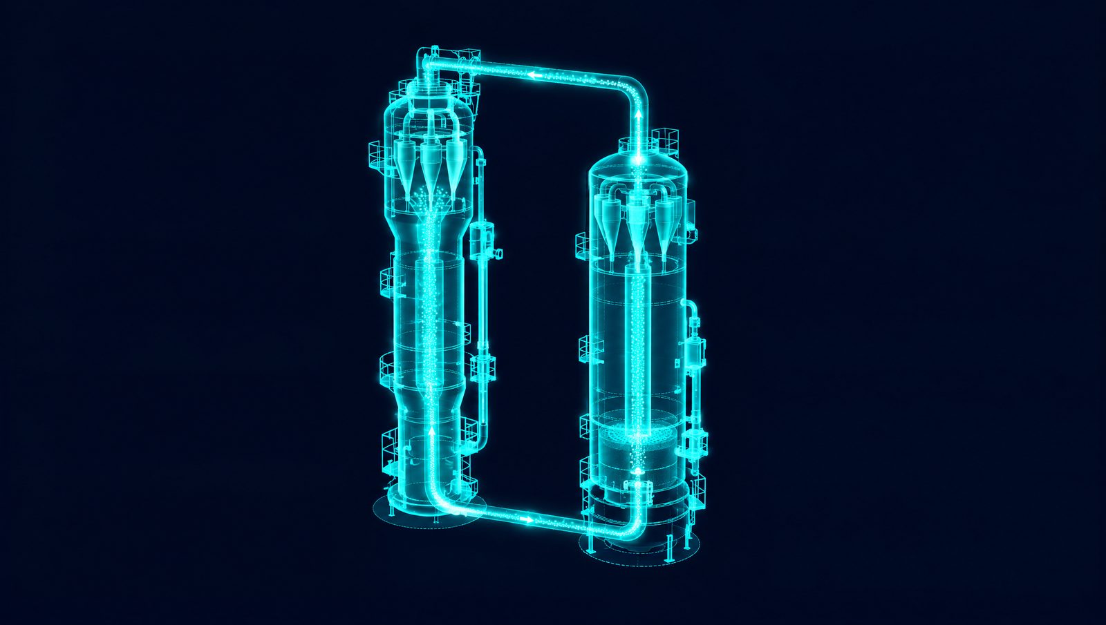 Wireframe illustration of an FCC reactor and regenerator with internal cyclones, riser, standpipes and slide valves