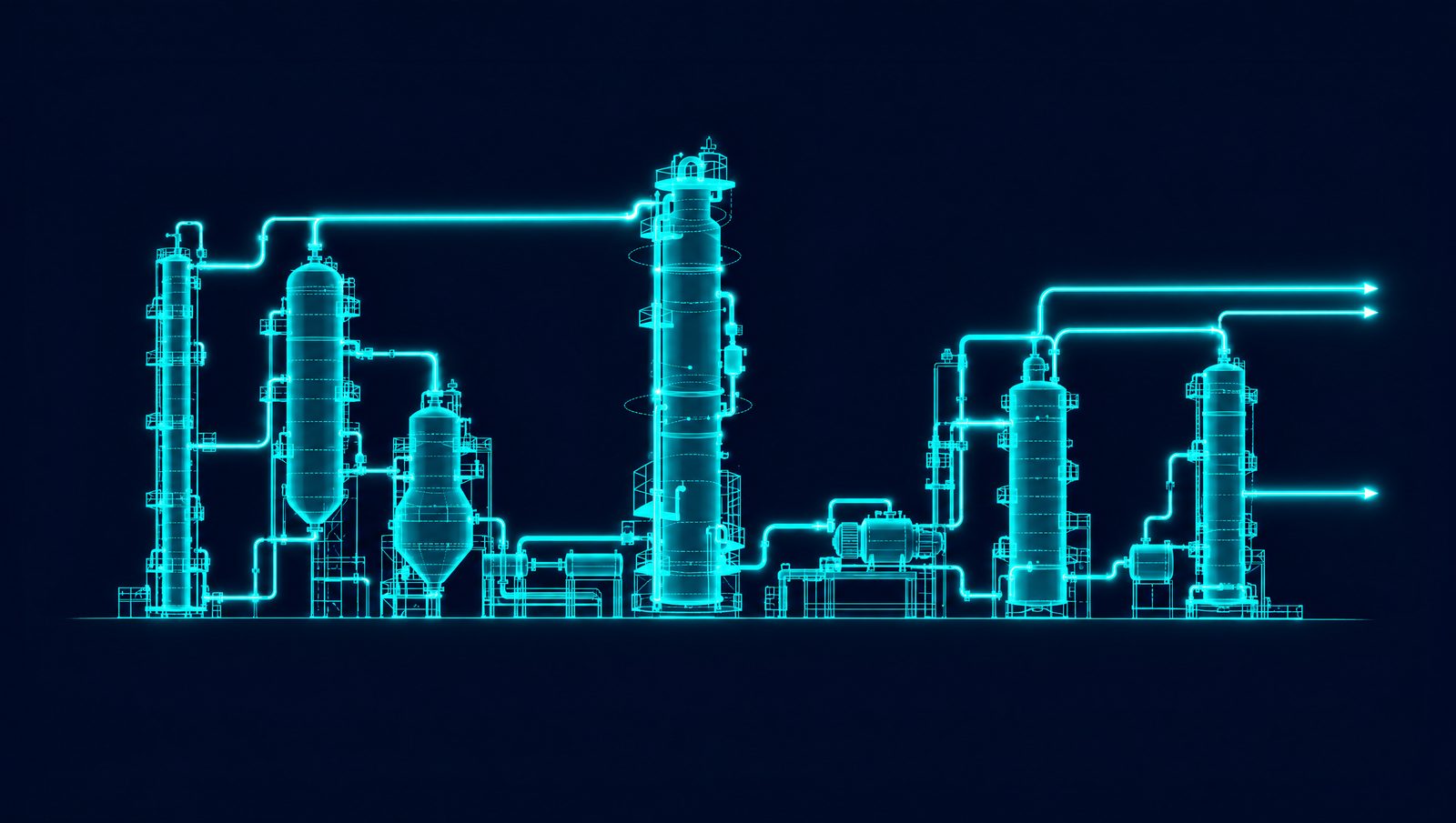 Wireframe illustration of an FCC unit with riser, reactor, regenerator, main fractionator and gas recovery columns