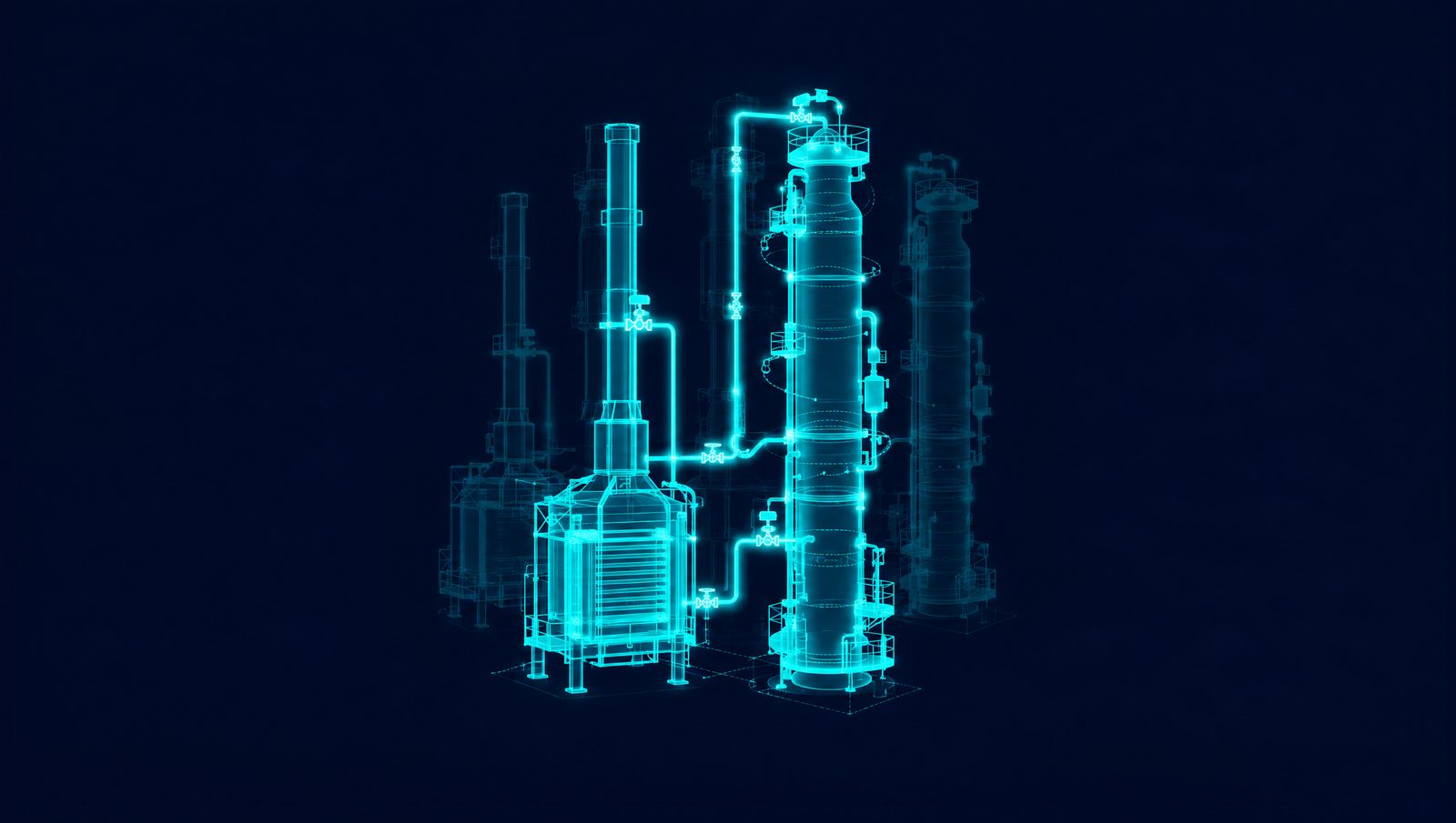Wireframe illustration of a control room console with live process trends from several industries