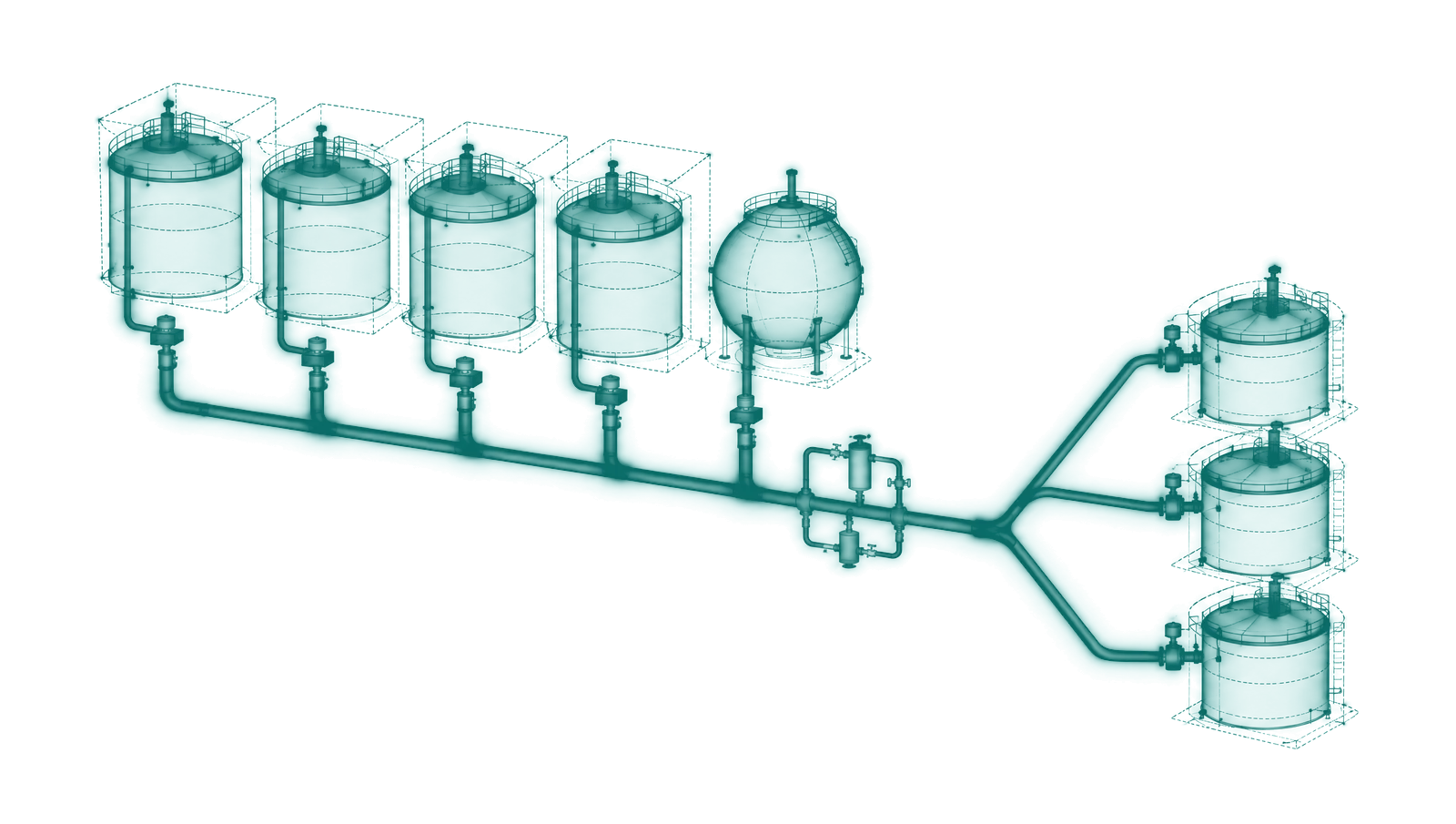 Blend header schematic with component tanks, an inline analyzer and finished grade tanks