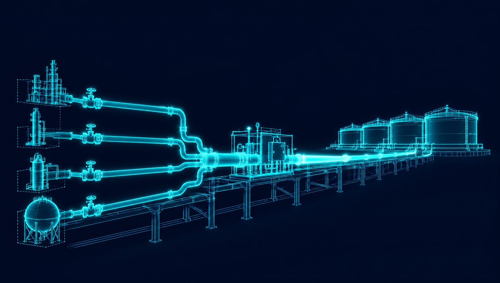 Wireframe rendering of a refinery gasoline blend header with component lines, an inline analyzer and product tanks