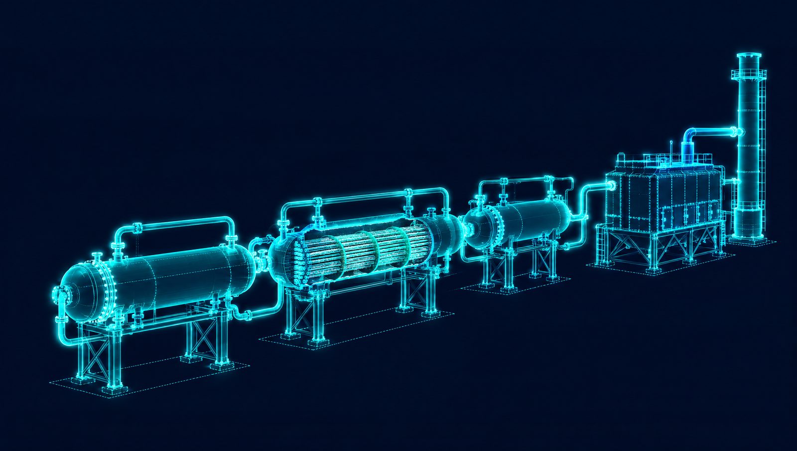 Wireframe rendering of a crude unit preheat train with a cutaway exchanger bundle showing fouling deposits