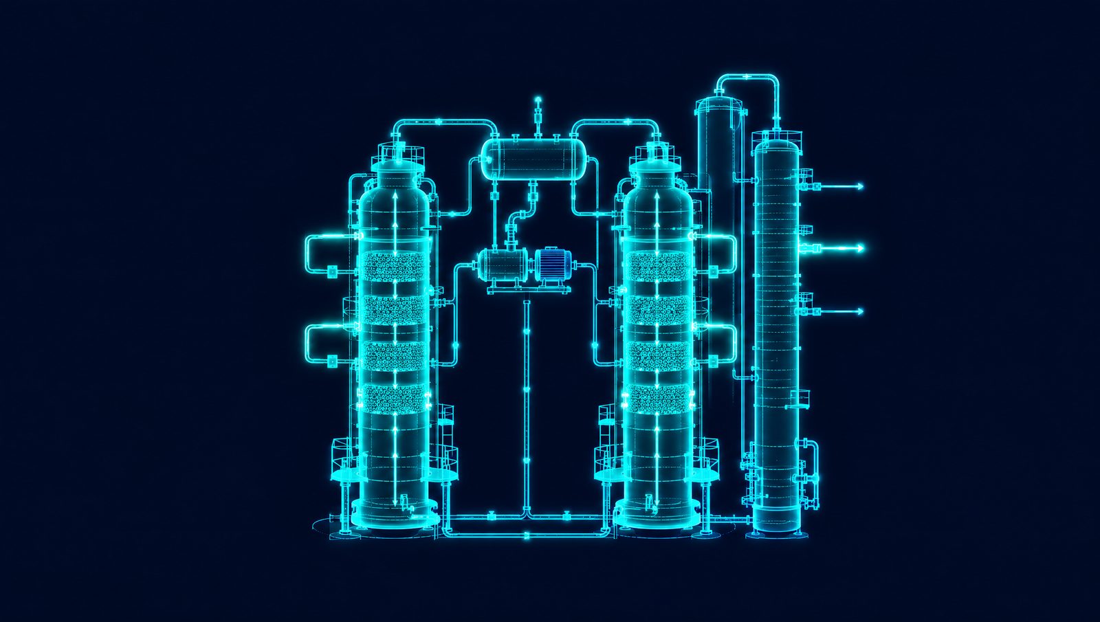 Wireframe illustration of a hydrocracker with twin reactors, high-pressure separator, recycle compressor and fractionator