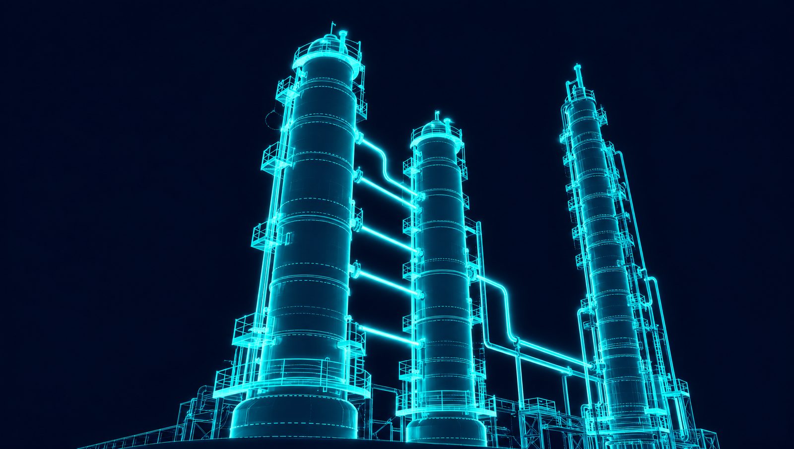 Wireframe rendering of a hydrocracker with reactors, inter-bed quench lines and a product fractionator