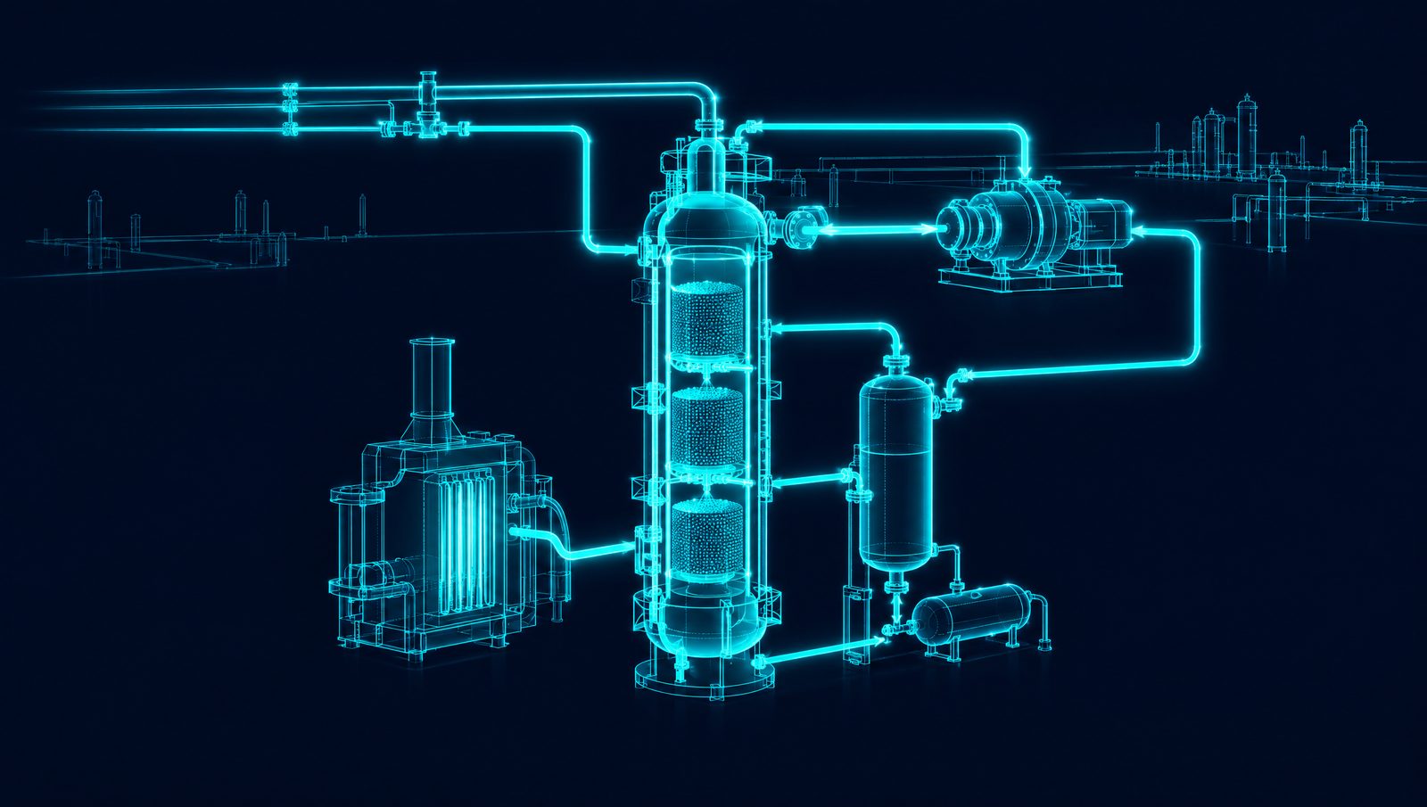 Wireframe illustration of a cutaway diesel hydrotreater reactor with catalyst beds, charge heater, separator and recycle compressor
