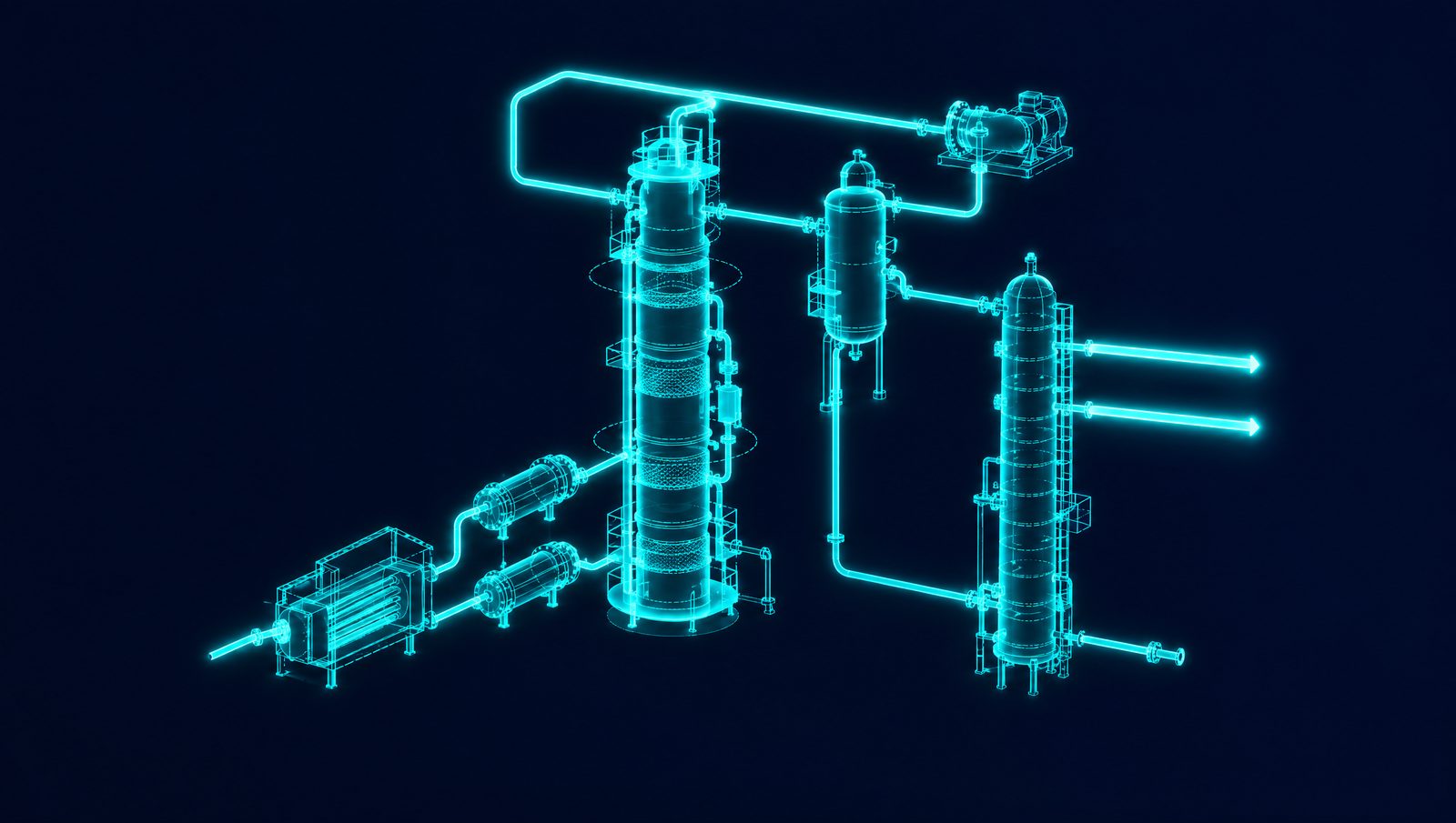 Wireframe illustration of a hydrocracker reactor section with charge heater, separator, recycle gas compressor and fractionator