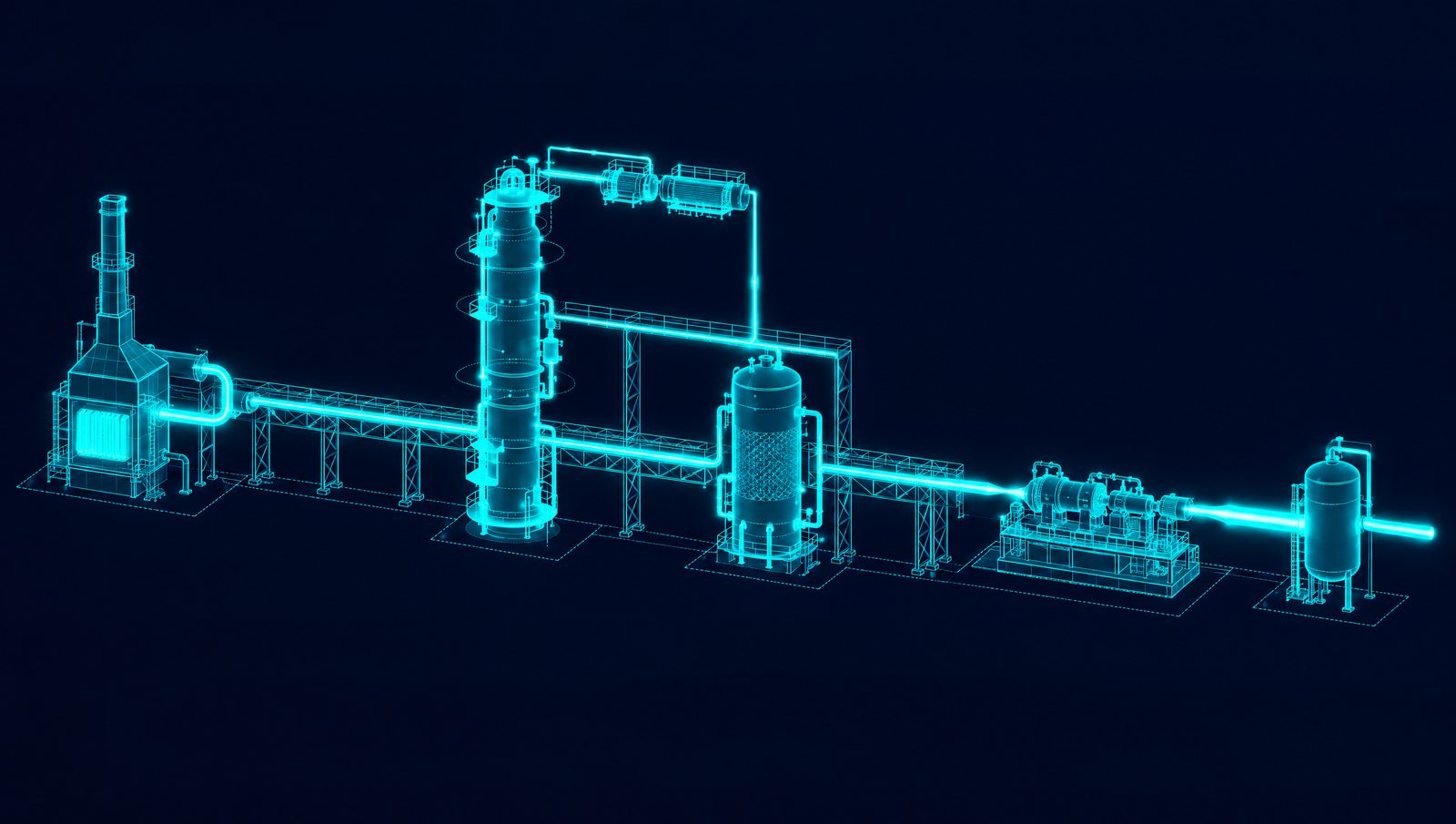 Wireframe illustration of a crude unit, reactor and compressor train with flow widening at the active constraint