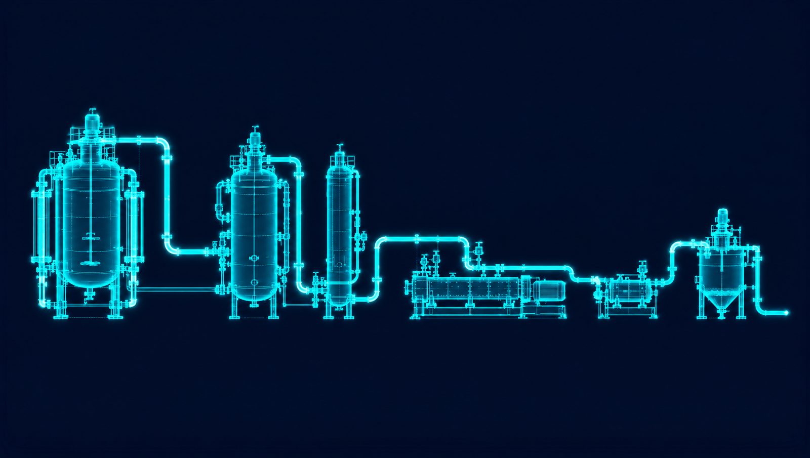 Wireframe illustration of a polyethylene loop reactor, flash vessel, purge column, extruder and underwater pelletizer