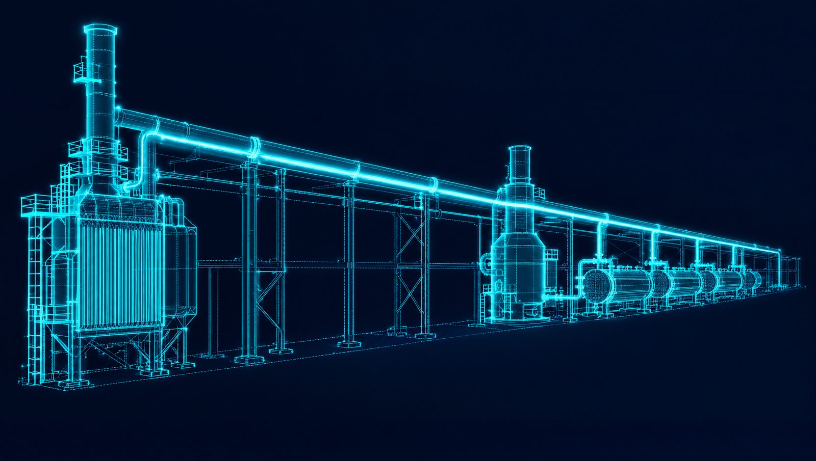 Wireframe illustration of a package boiler, steam header, fired heater and heat recovery exchangers on a pipe rack