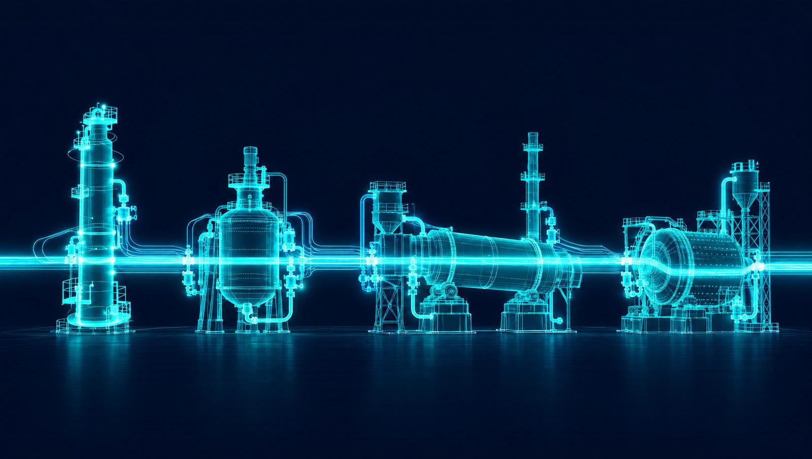Wireframe refinery column, chemical reactor, cement kiln and grinding mill linked by data lines on one shared timeline