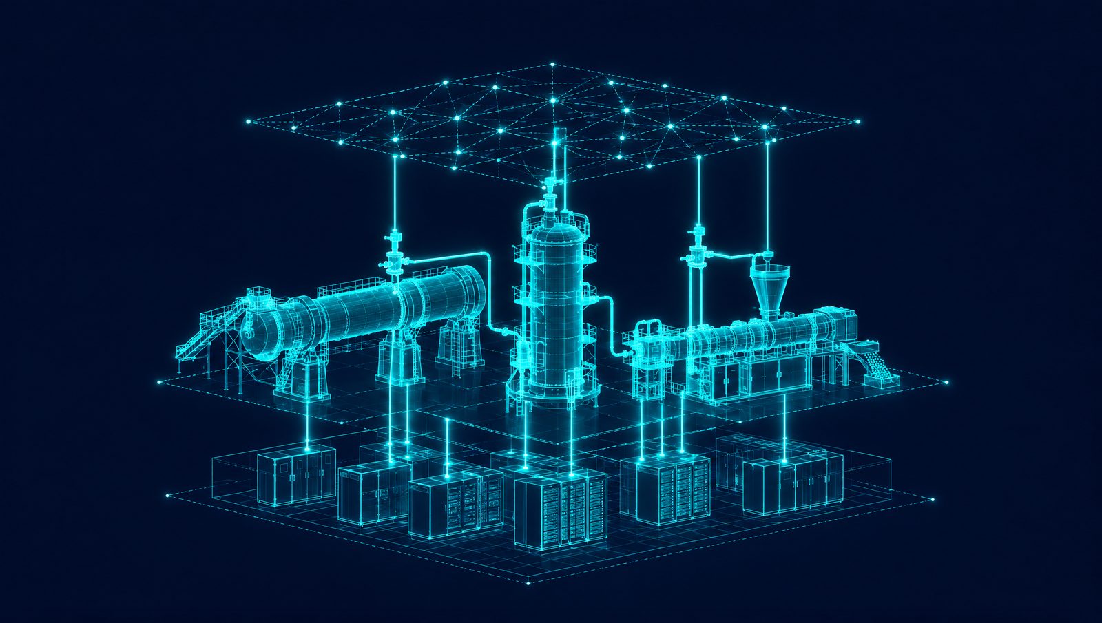 Wireframe DCS and historian base layer with a learning control layer above it, setpoint lines running to a cement kiln, a chemical reactor and a polymer line