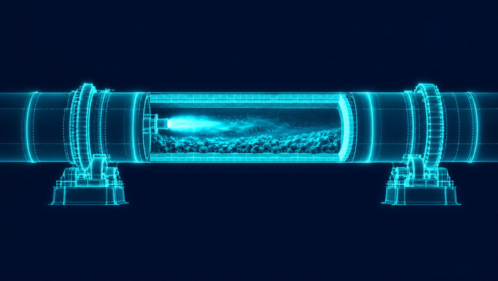 Wireframe cutaway of a rotary kiln showing refractory brick and coating in the burning zone