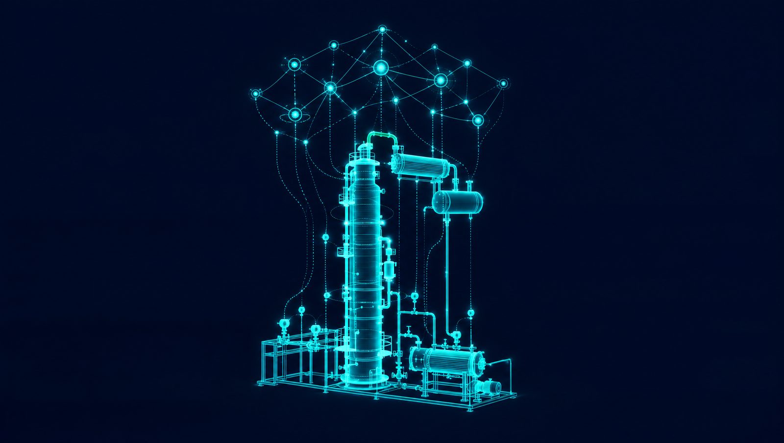 Wireframe knowledge graph linking process trends, shift logs and procedures above a control room console
