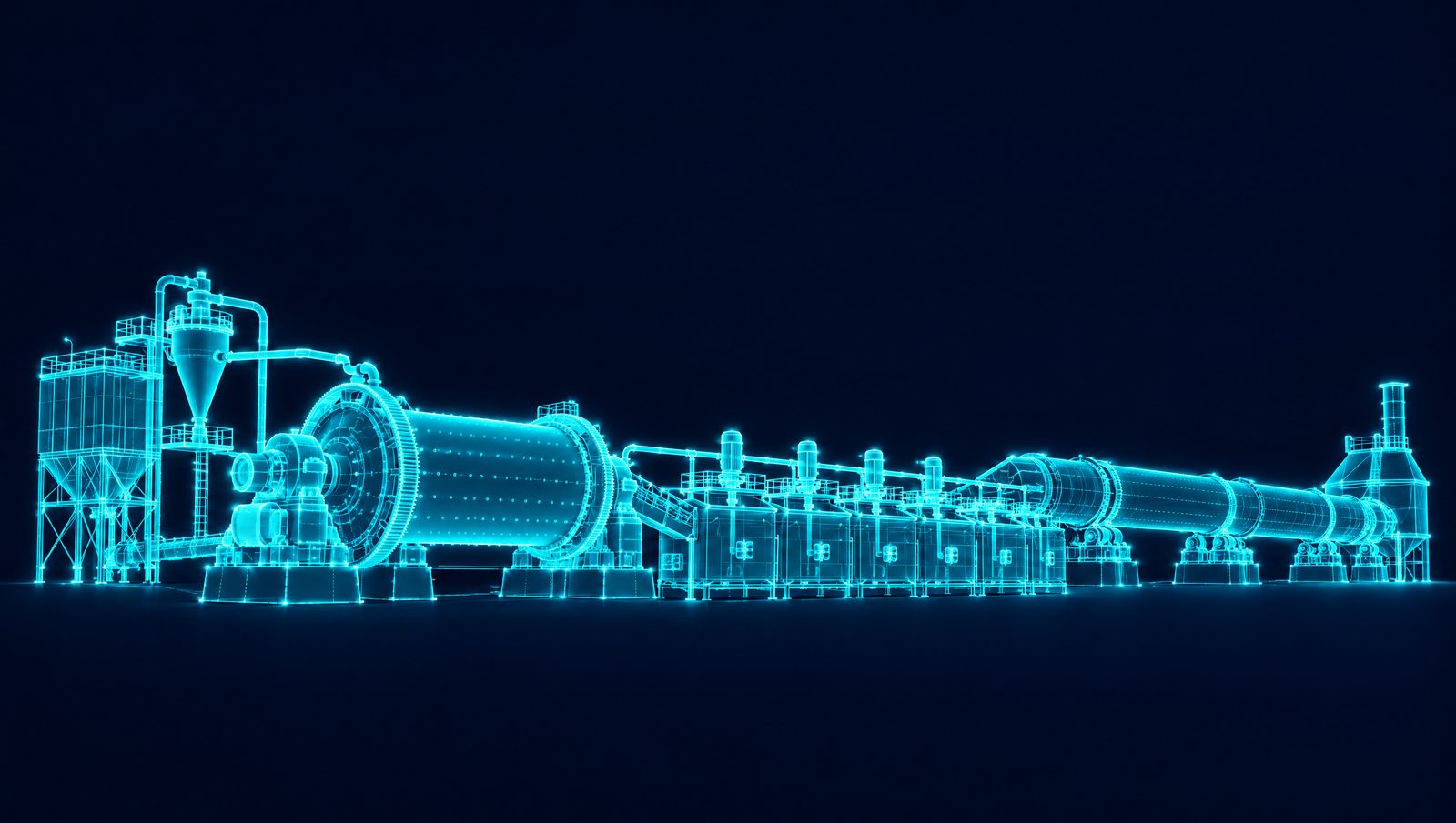 Wireframe rendering of a lithium concentrator with a grinding mill, flotation cells and a rotary calciner