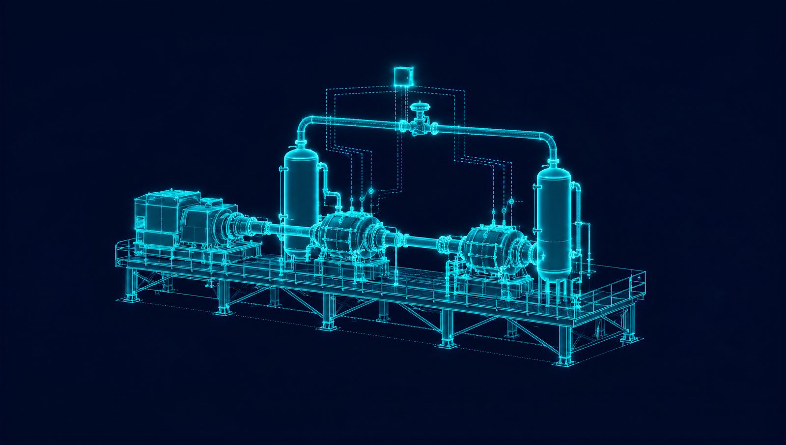 Wireframe rendering of a centrifugal refrigerant compressor string with its driver and anti-surge recycle loop in an LNG train