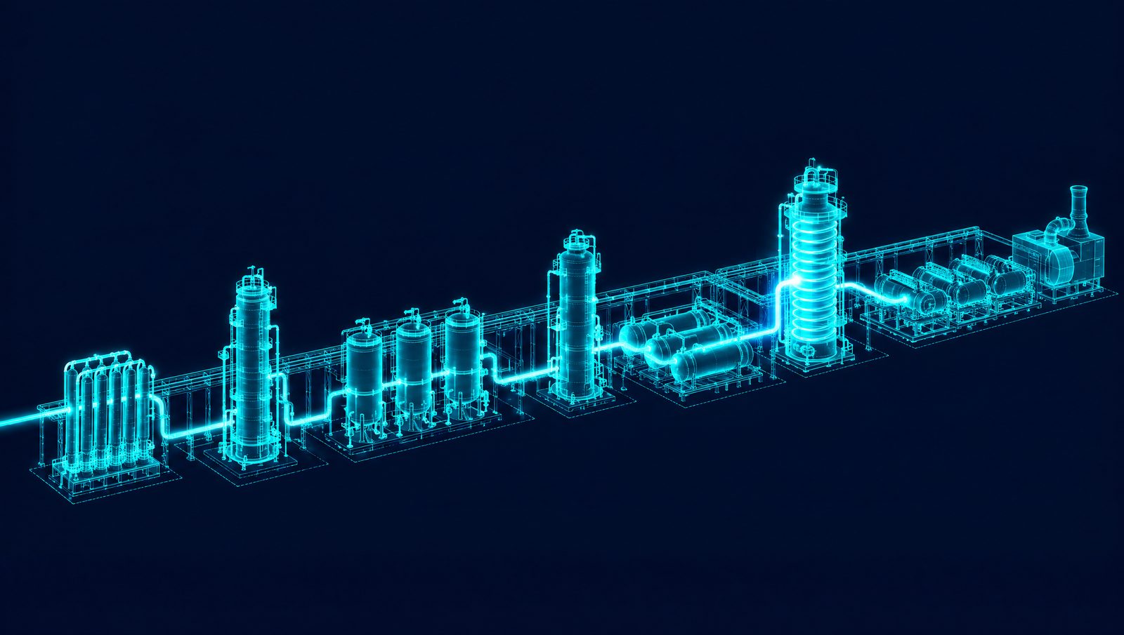 Wireframe rendering of an LNG train from acid gas removal and dehydration to the main cryogenic heat exchanger