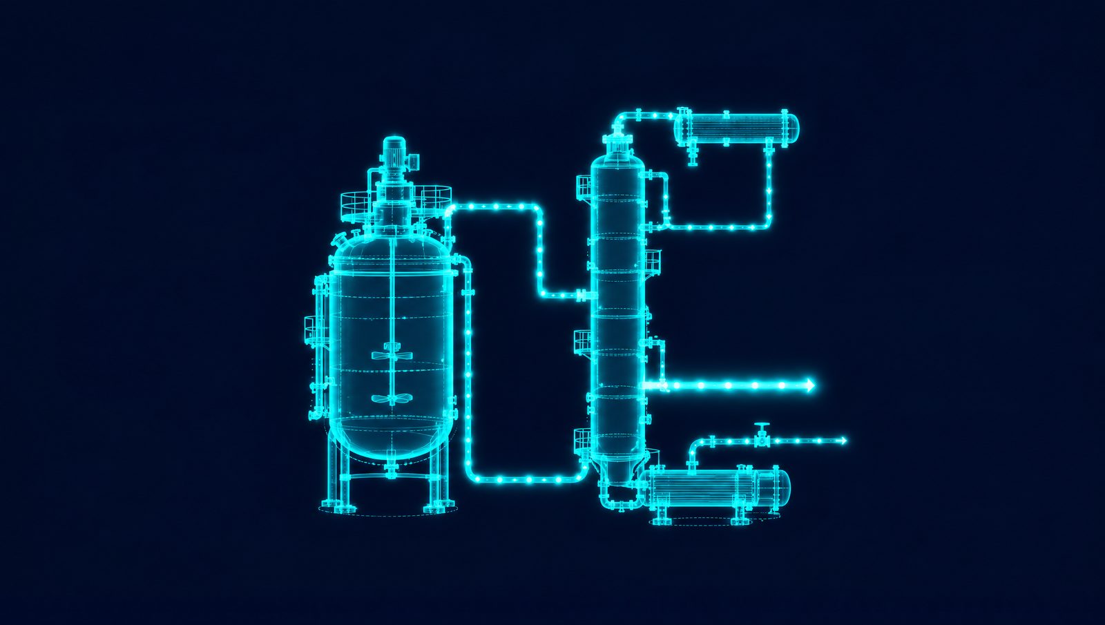 Wireframe drawing of a reactor and distillation column with highlighted feed, product and energy lines on a dark background