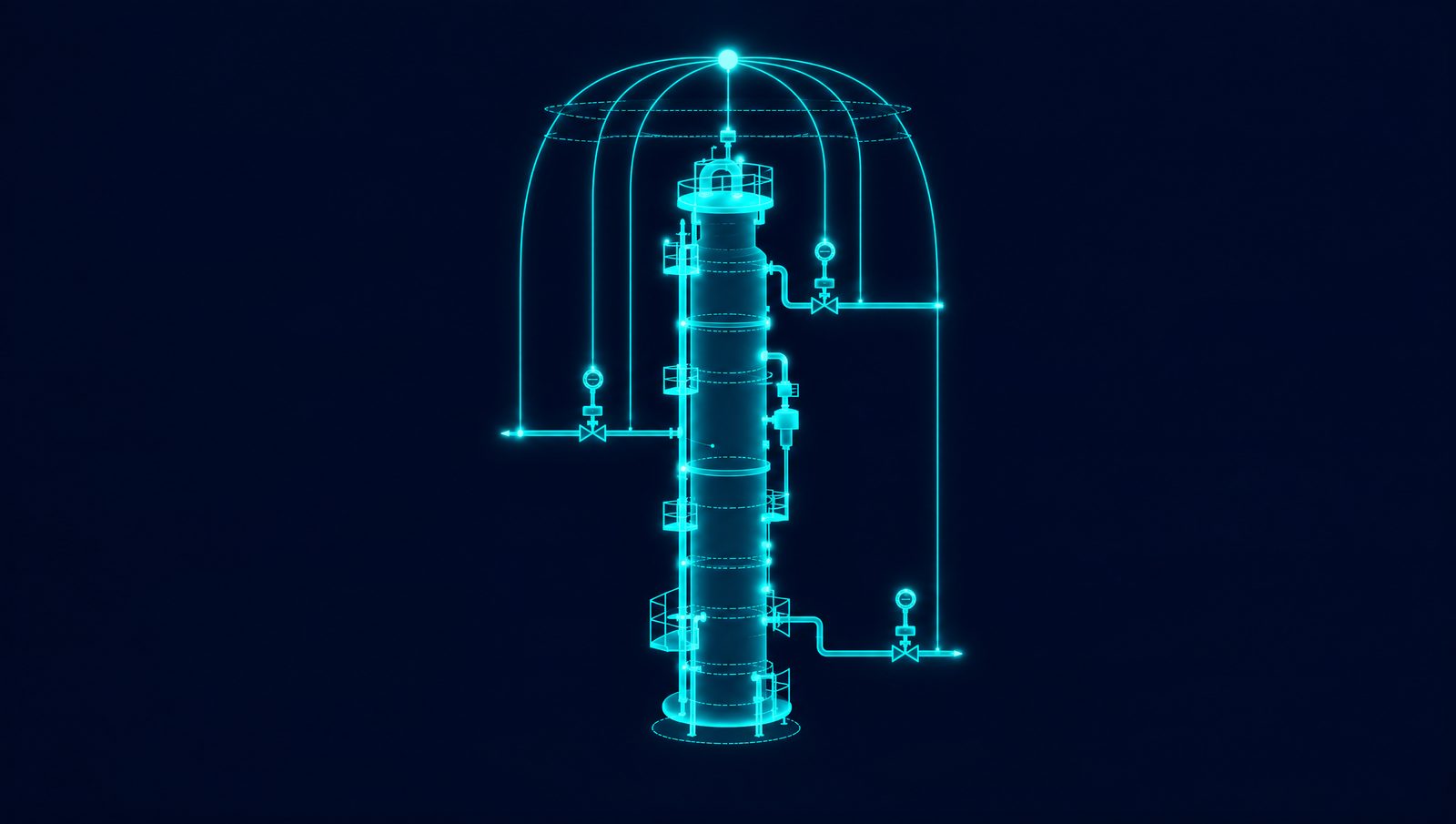 Wireframe drawing of a distillation column with control loops writing setpoints back to its valves on a dark background