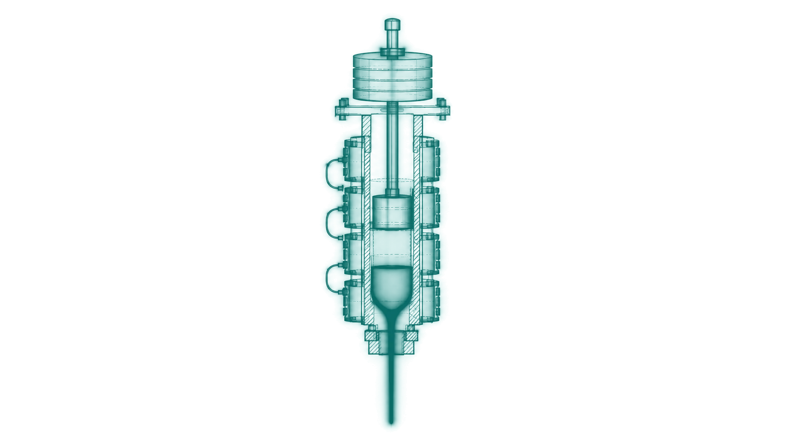 Cutaway of an extrusion plastometer with heated barrel, piston, die and dead weight