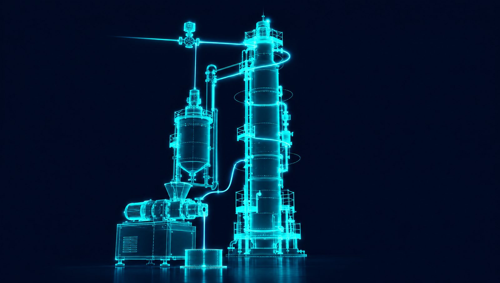 Wireframe illustration of a polymer reactor and a melt flow plastometer linked by a quality trace
