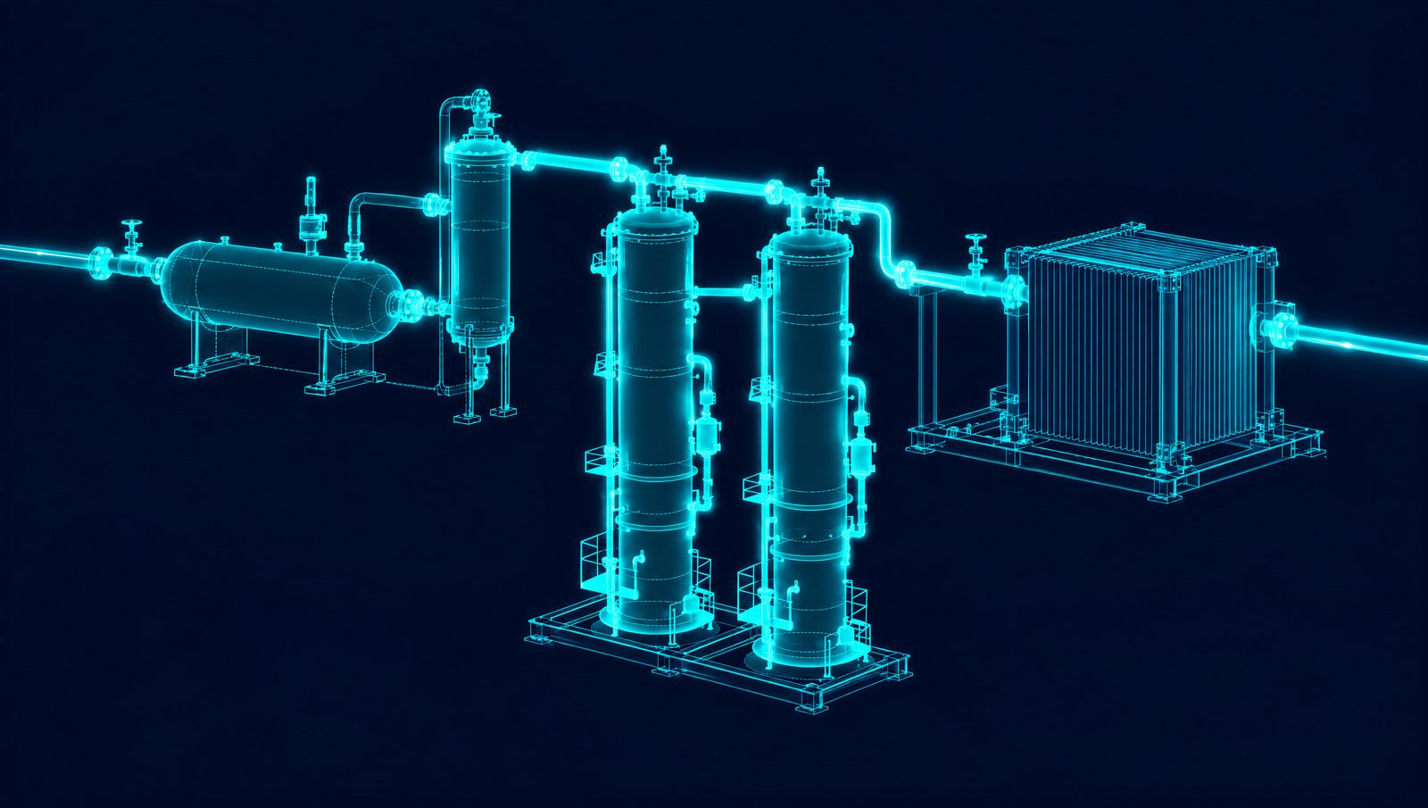 Wireframe illustration of two mercury guard bed vessels in lead-lag series ahead of an LNG cryogenic exchanger