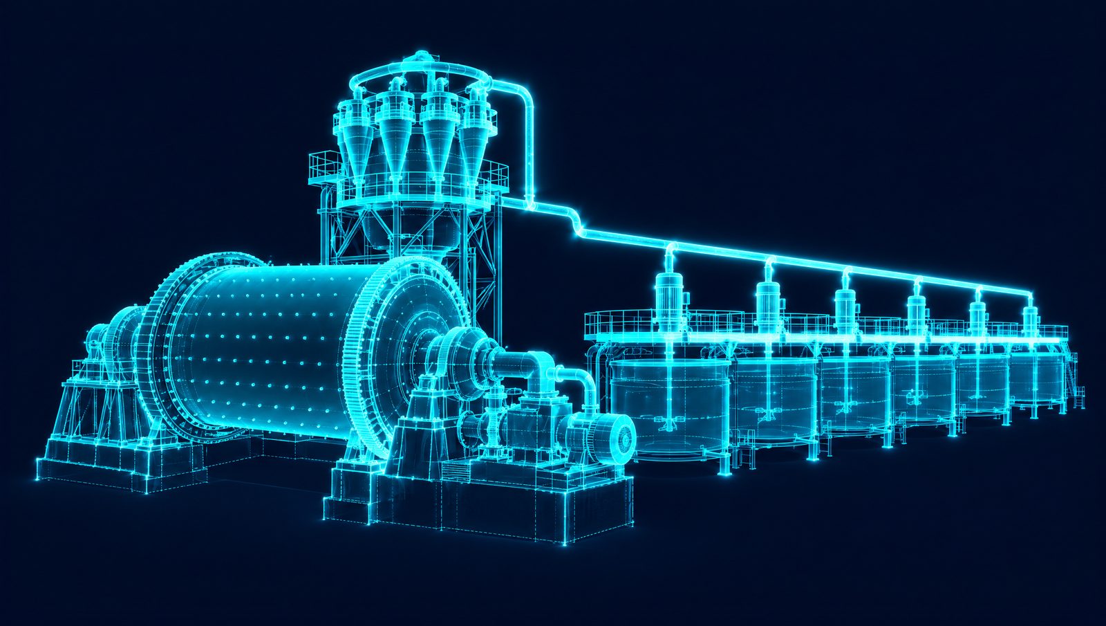 Wireframe illustration of a ball mill with pumpbox, hydrocyclone cluster and a bank of tank flotation cells