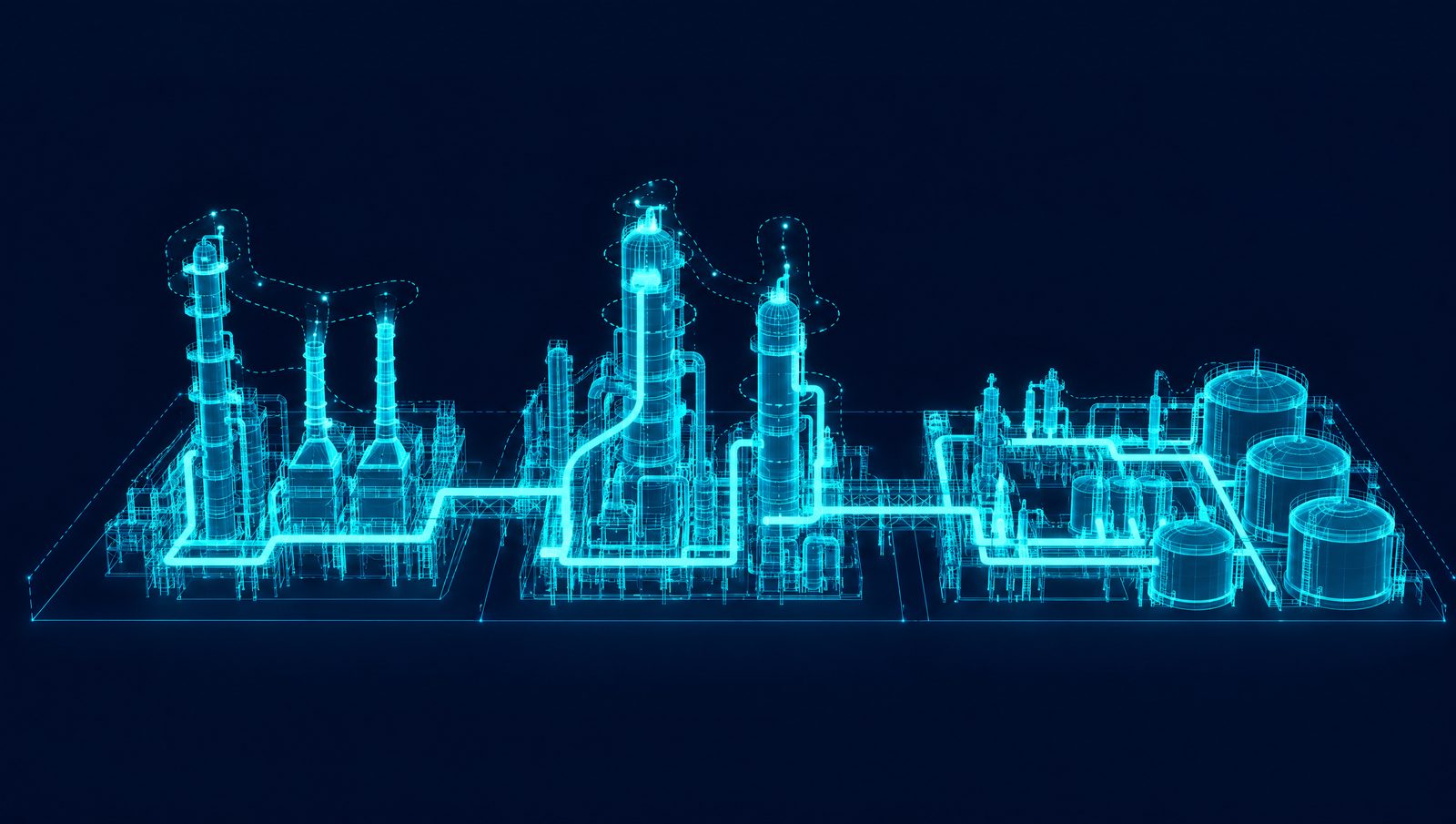 Wireframe illustration of a refinery crude unit, catalytic cracker, blend header and product tanks from above