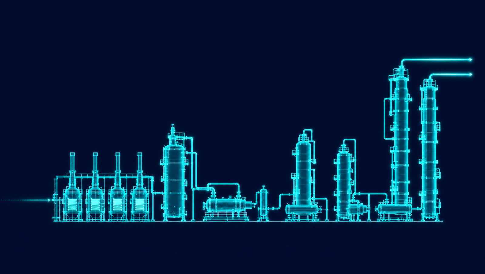 Wireframe rendering of an olefins plant with cracking furnaces, cracked gas compressor and fractionation columns