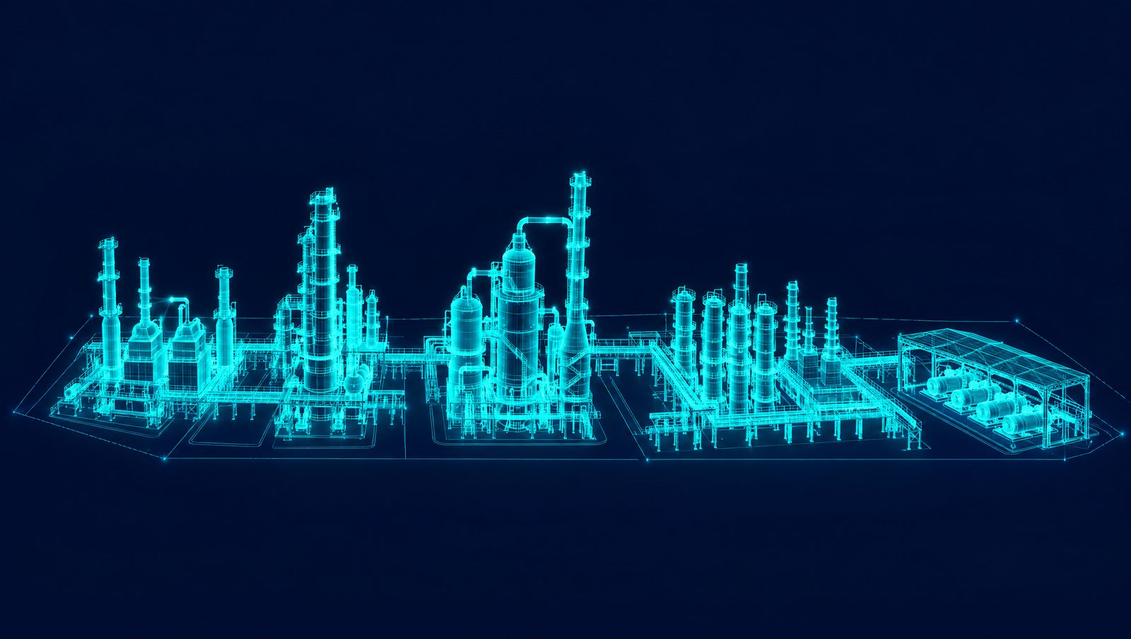 Wireframe illustration of a refinery complex with crude unit, catalytic cracker, reformer and compressor train