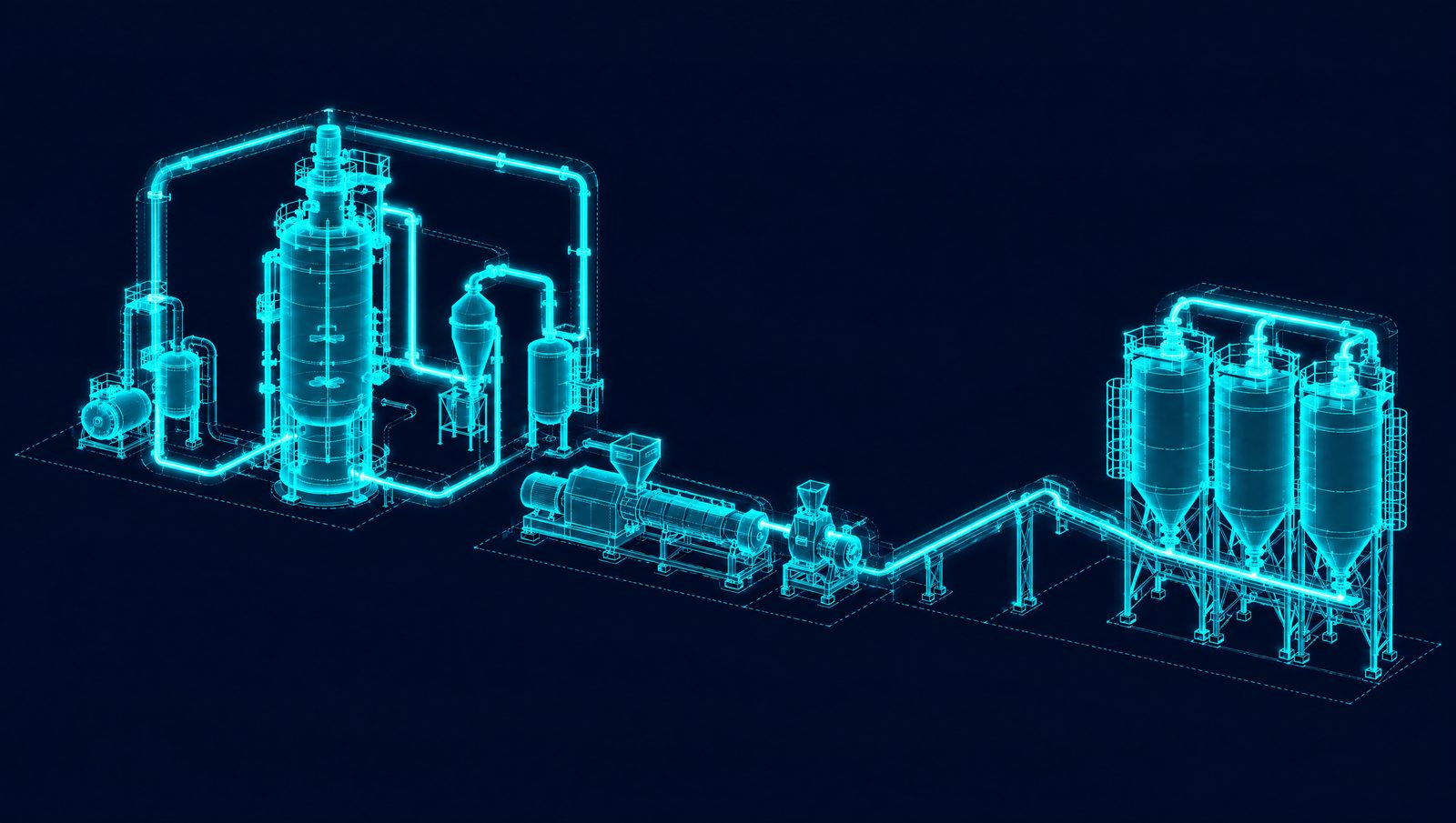 Wireframe illustration of a polyolefin line with gas-phase reactor, purge bin, extruder house and blending silos