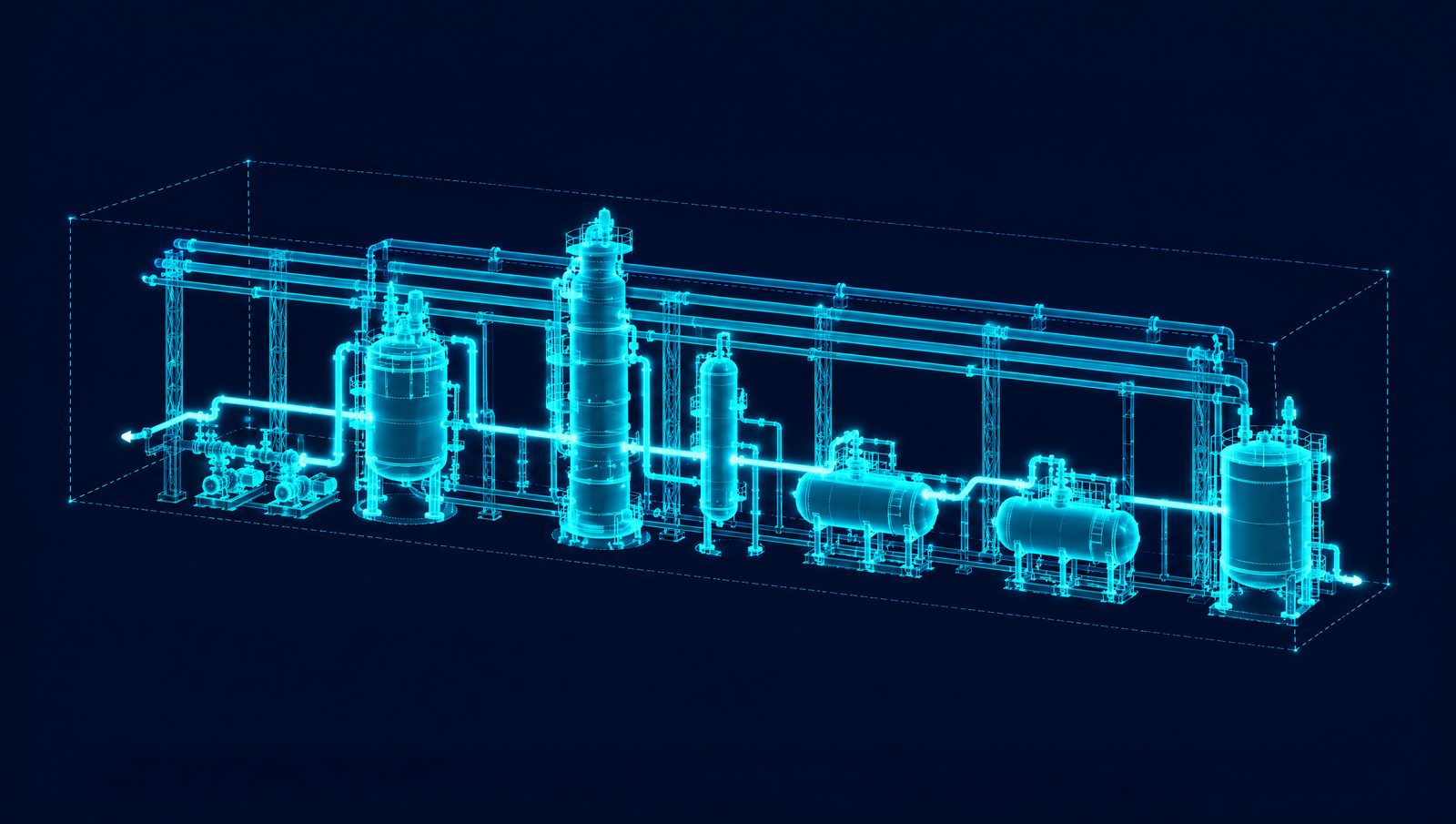 Wireframe rendering of a continuous chemical reactor and distillation train with its utility headers