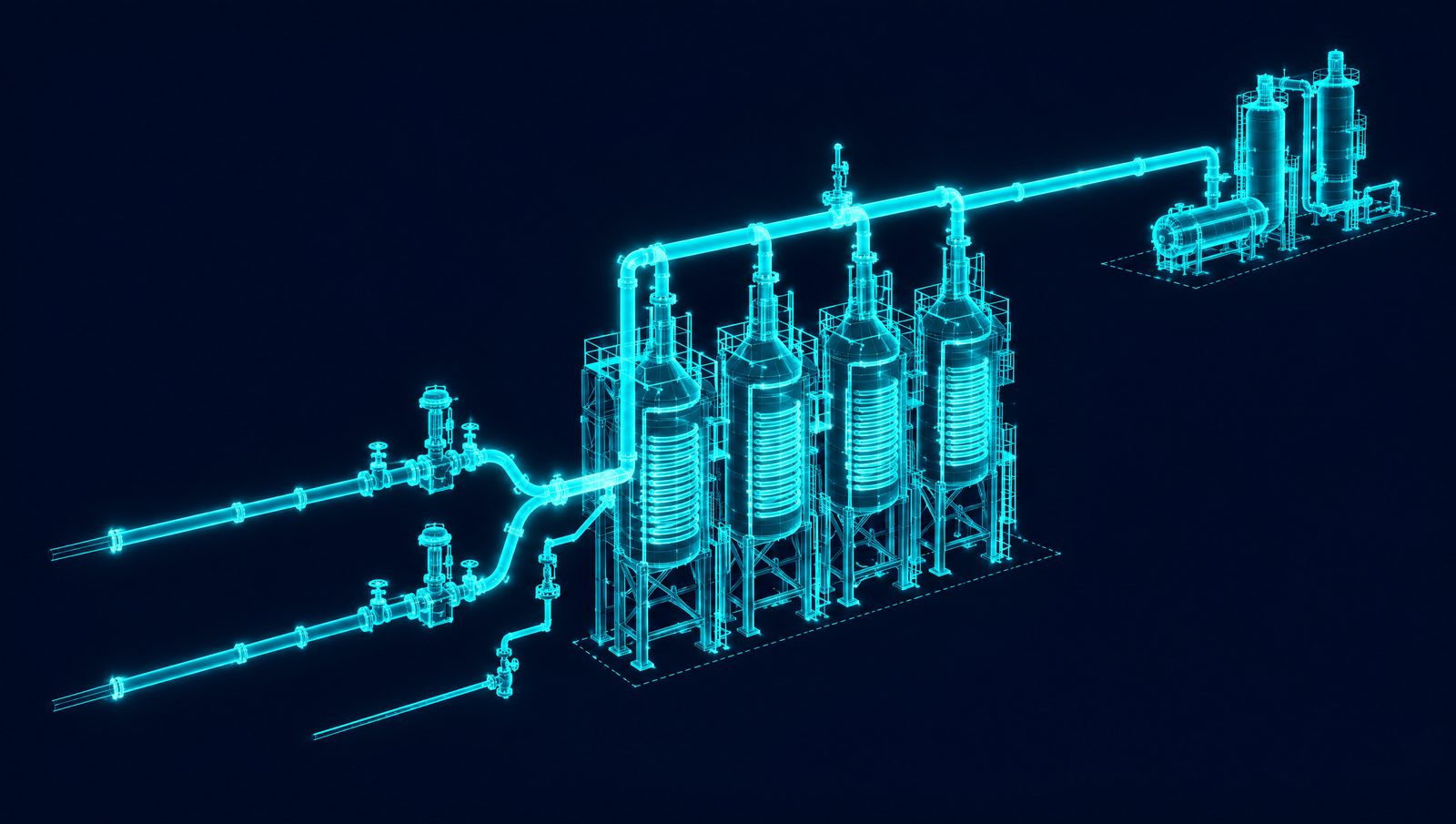 Wireframe rendering of ethane, LPG and naphtha feed lines converging on a bank of steam cracking furnaces