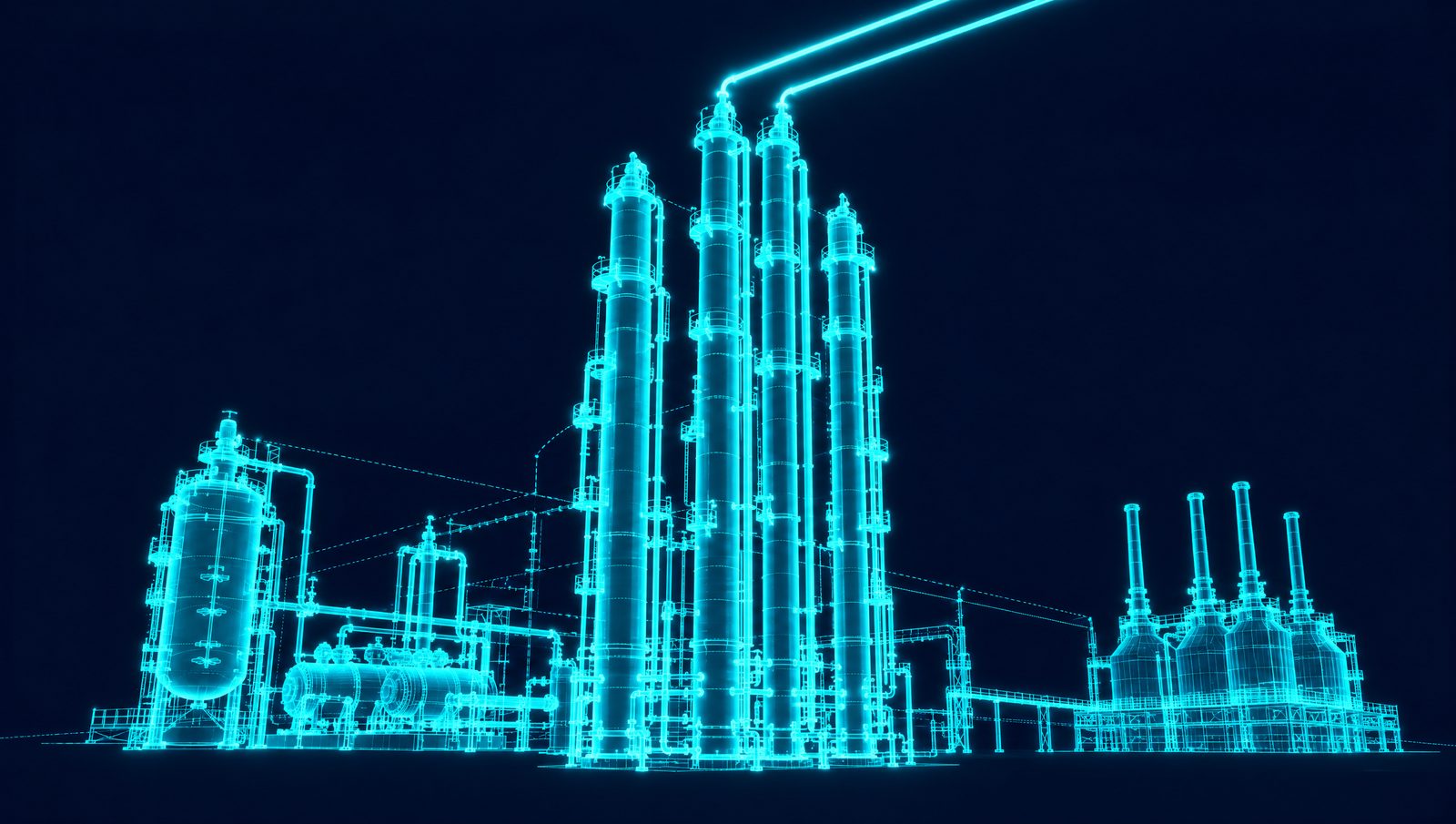 Wireframe rendering of a petrochemical complex with cracking furnaces feeding fractionation columns and product storage