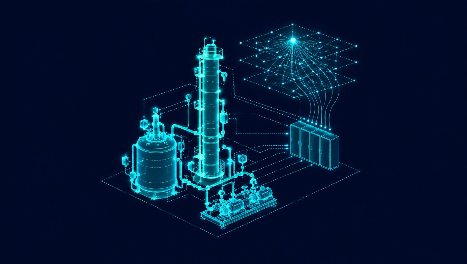 Wireframe rendering of a process unit linked to its control system, edge nodes and a learned model layer