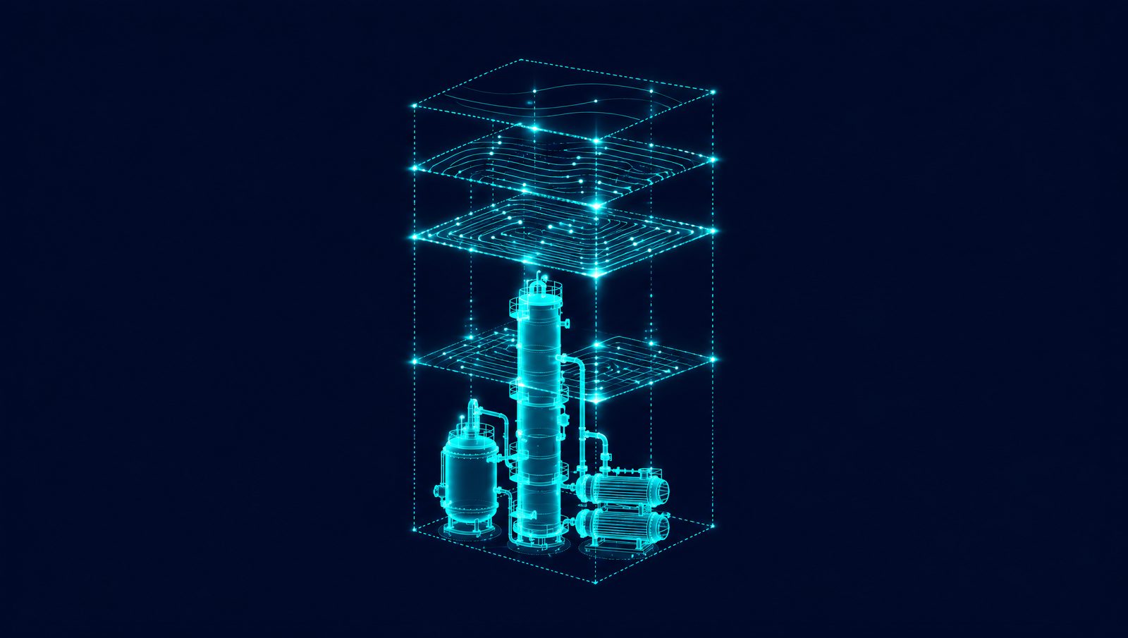 Wireframe rendering of a process unit beneath stacked control layers with glowing gaps between them