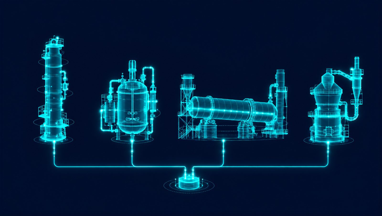Wireframe illustration of a simulator console showing process units responding to a what-if setpoint move