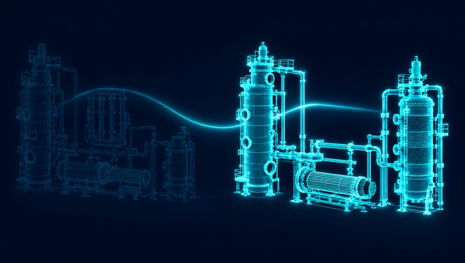 Wireframe illustration of a column, exchangers and a catalyst reactor brought back online after a turnaround