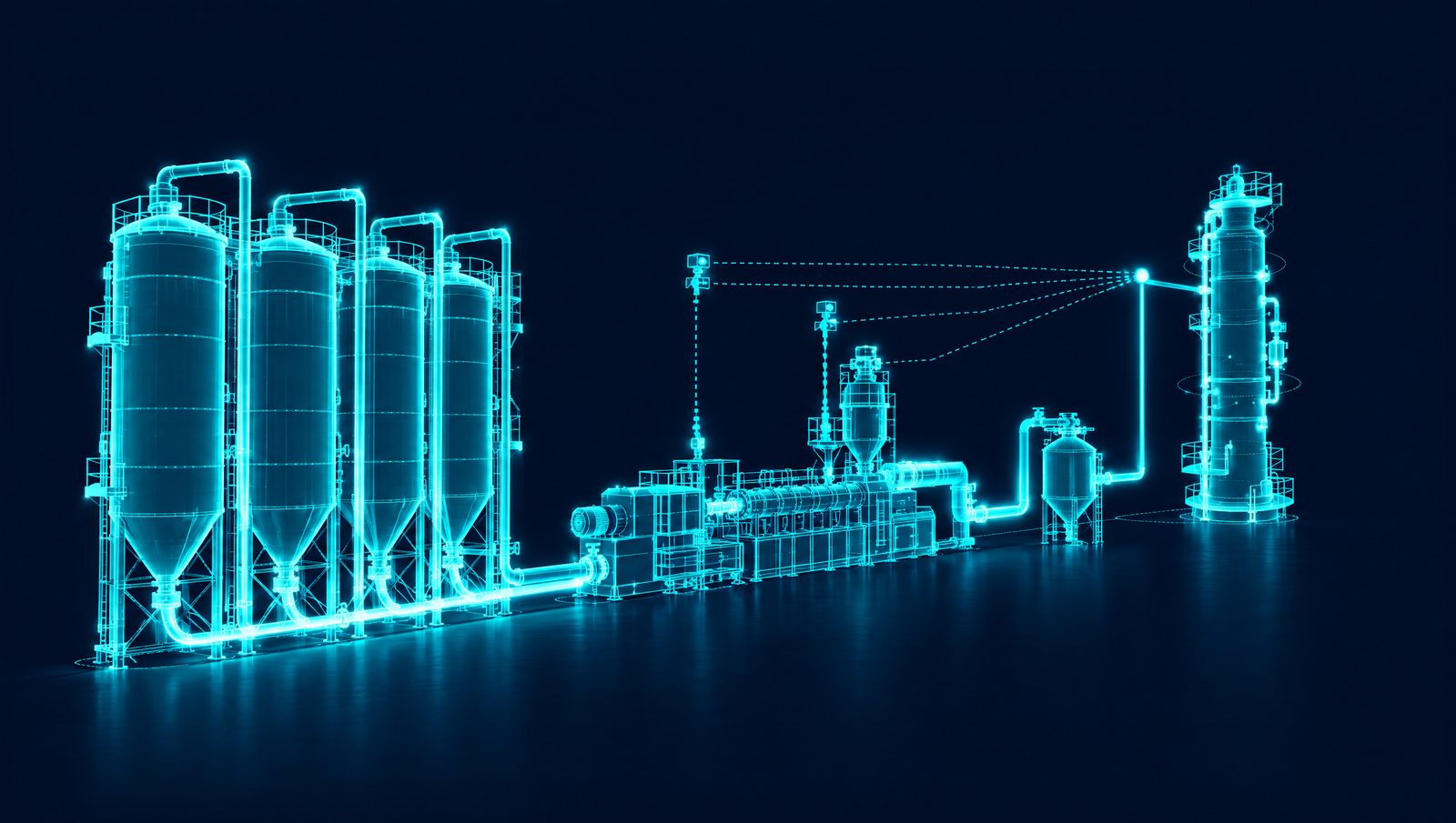 Wireframe illustration of a polyethylene line with blending silos, extruder and pelletizer, purge bin and gas-phase reactor