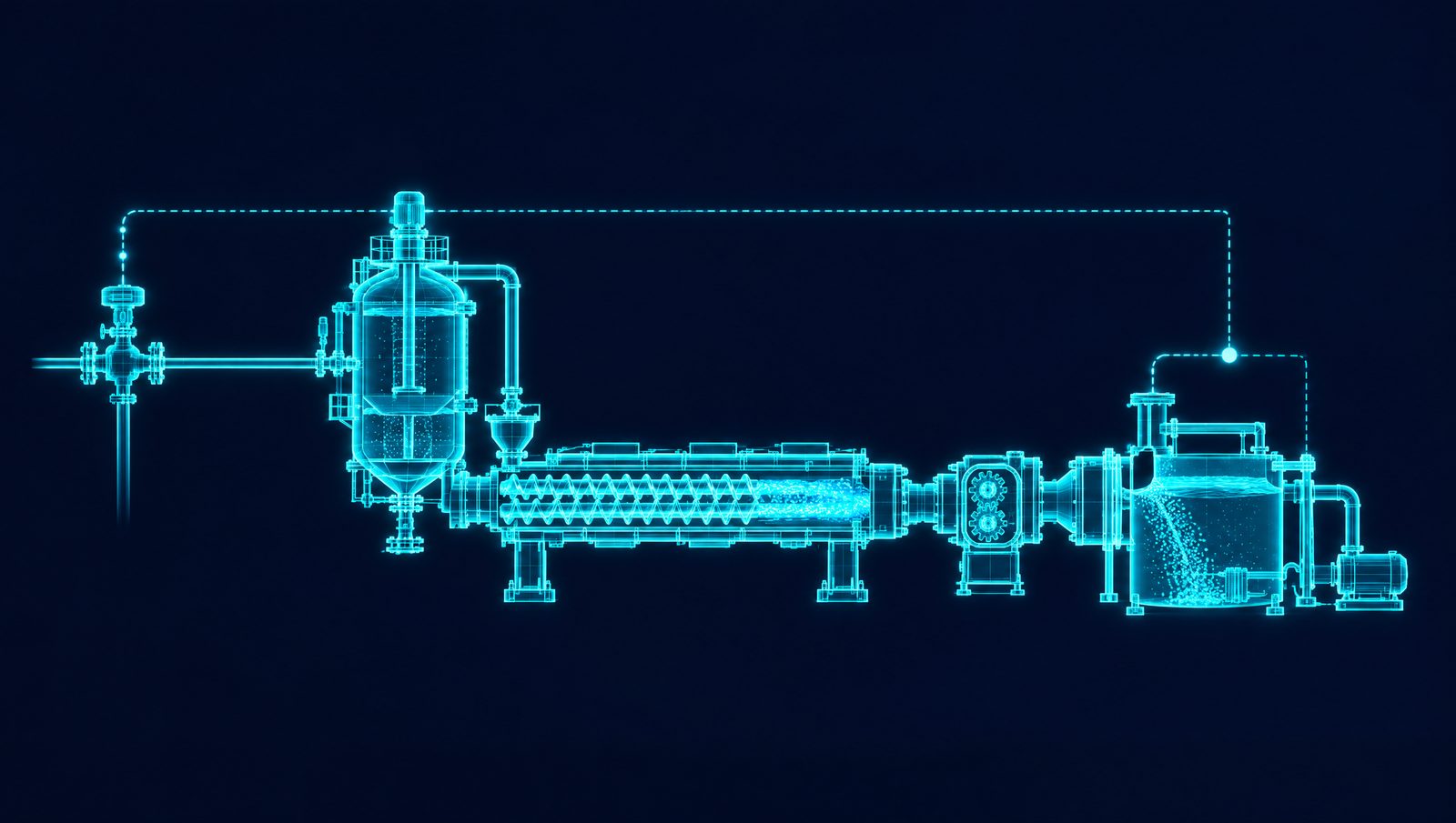 Wireframe illustration of a cutaway polymer finishing train with devolatilizer, twin-screw extruder, gear pump and pelletizer