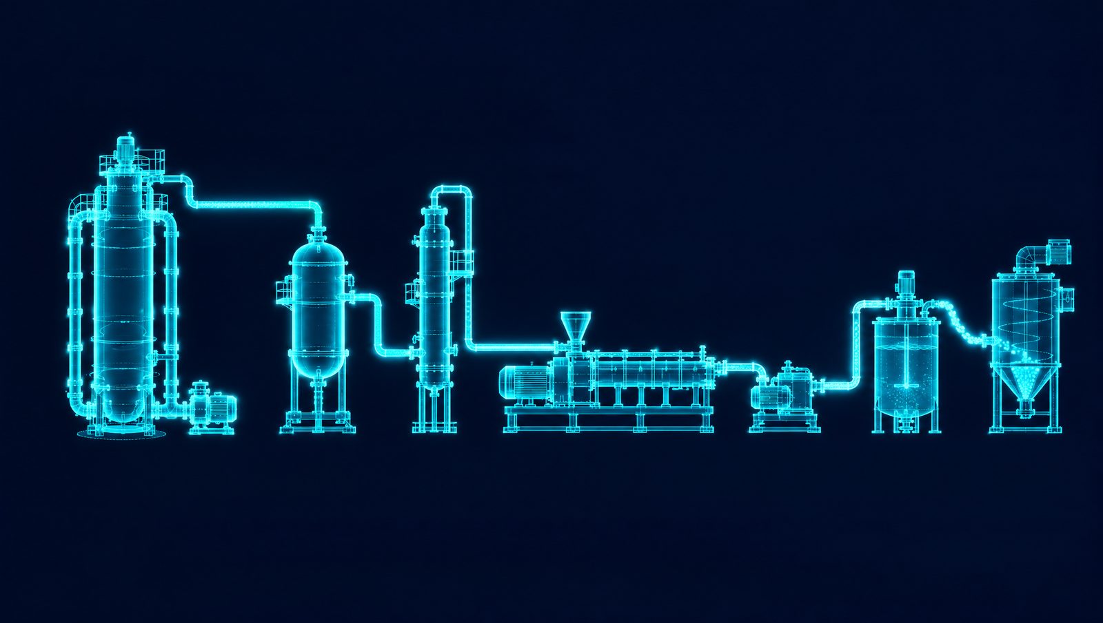 Wireframe polypropylene loop reactor train feeding the extruder, with the polymer stream highlighted