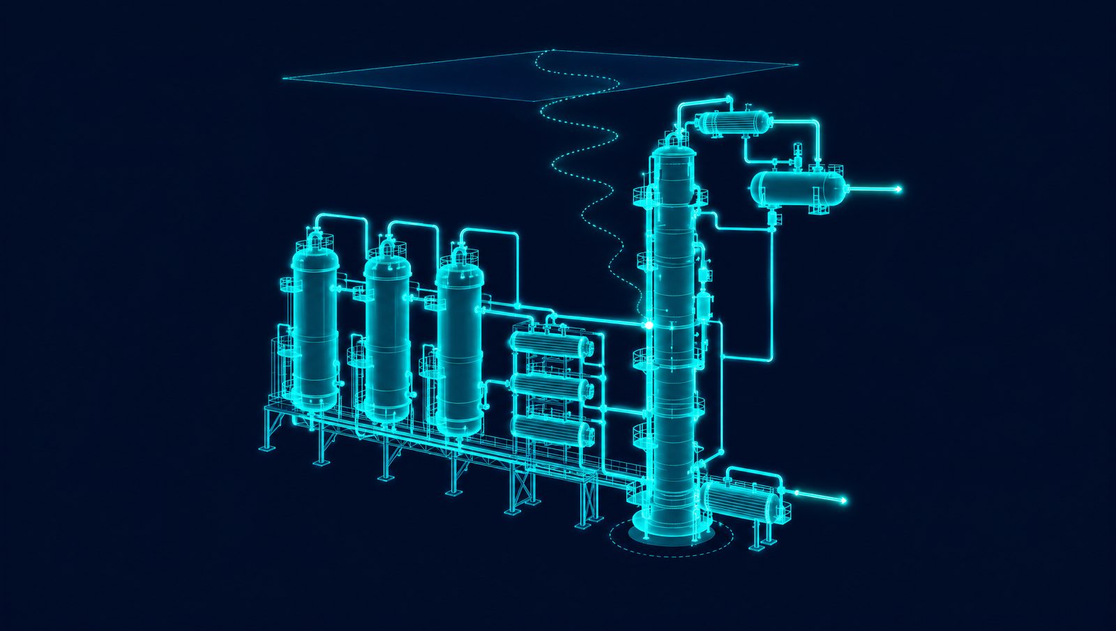 Wireframe column and reactor train with a planning target plane and a live model trace converging on the unit