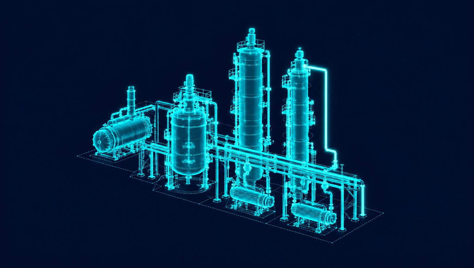 Wireframe illustration of a stirred-tank reactor, two distillation columns and steam boiler with steam and condensate lines