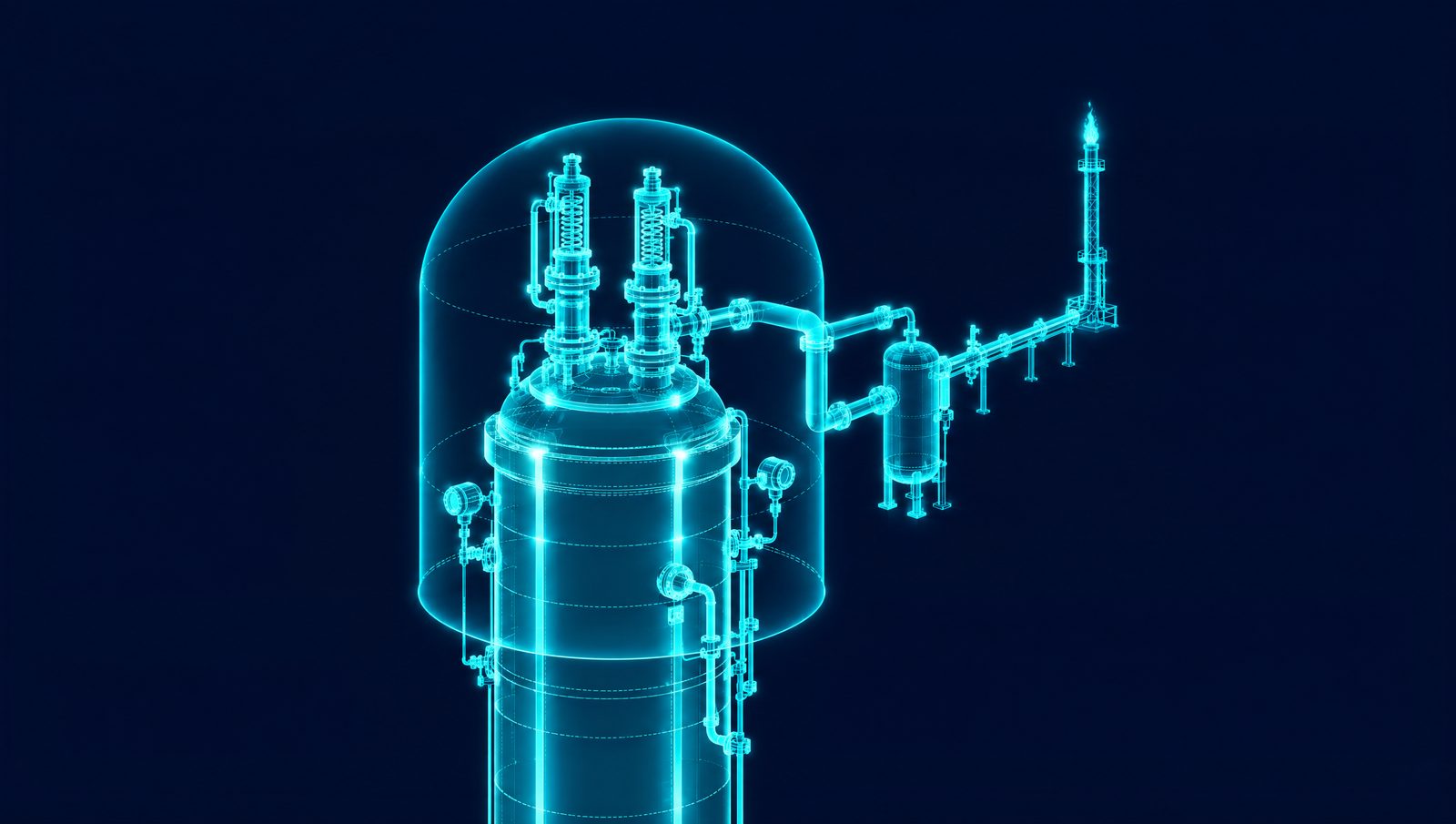 Wireframe rendering of a reactor with relief valves and interlock instruments inside a glowing operating envelope