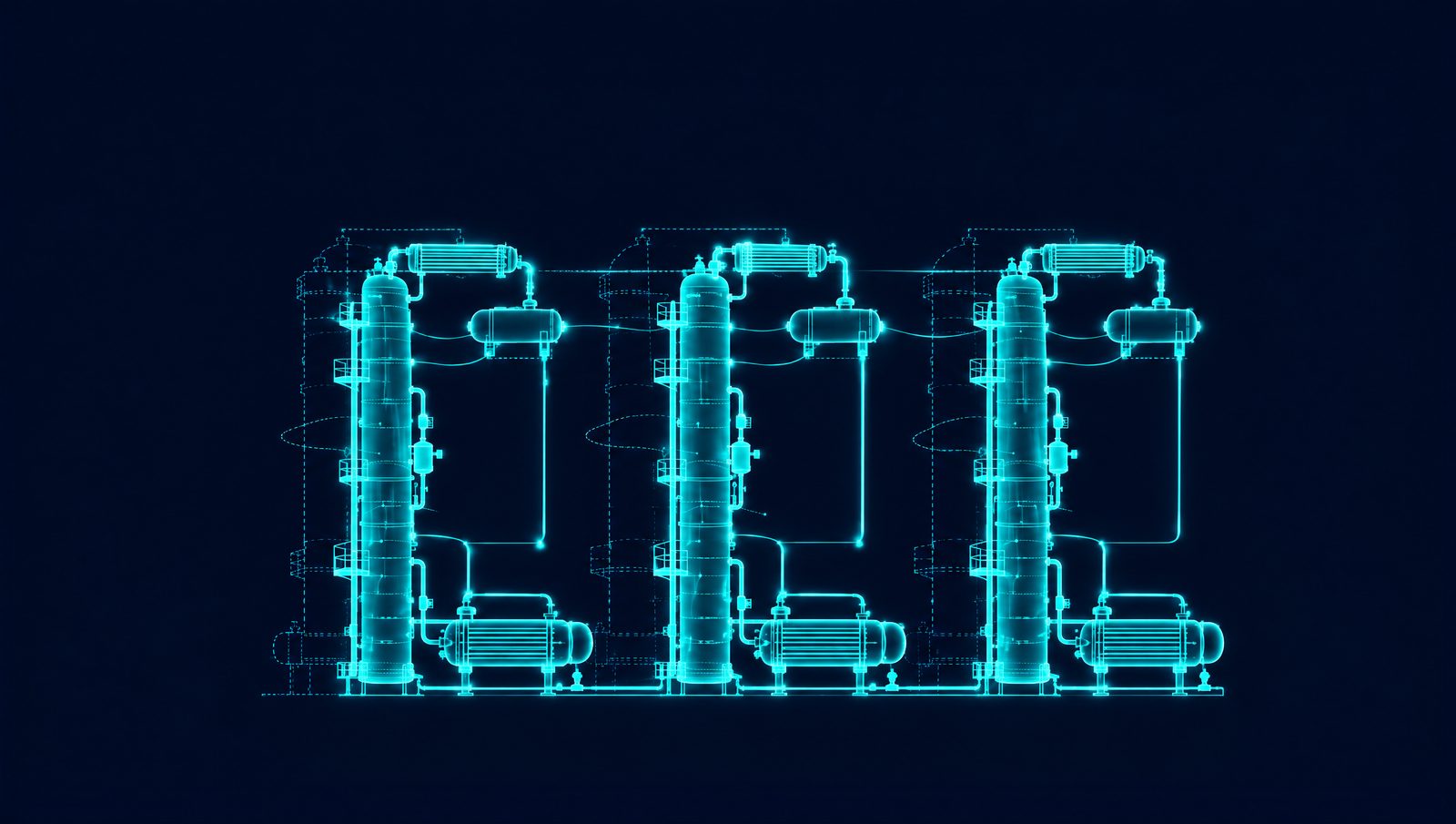 Wireframe rendering of a distillation train with a ghosted simulation model drifting away from the live unit