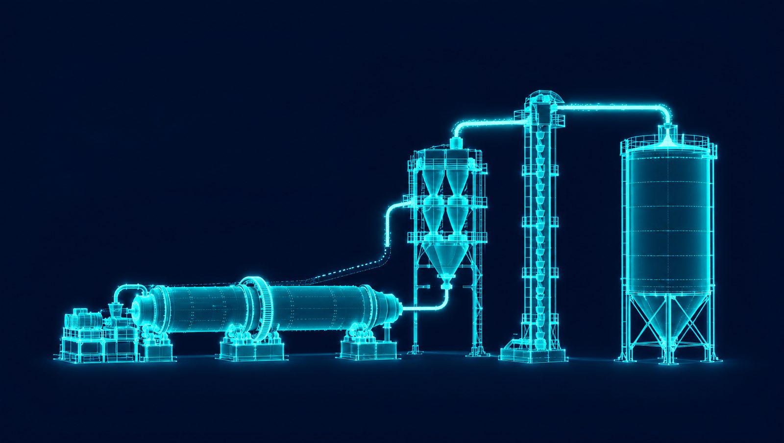 Wireframe rendering of a cement finish mill circuit with ball mill, separator, cyclones and product silo