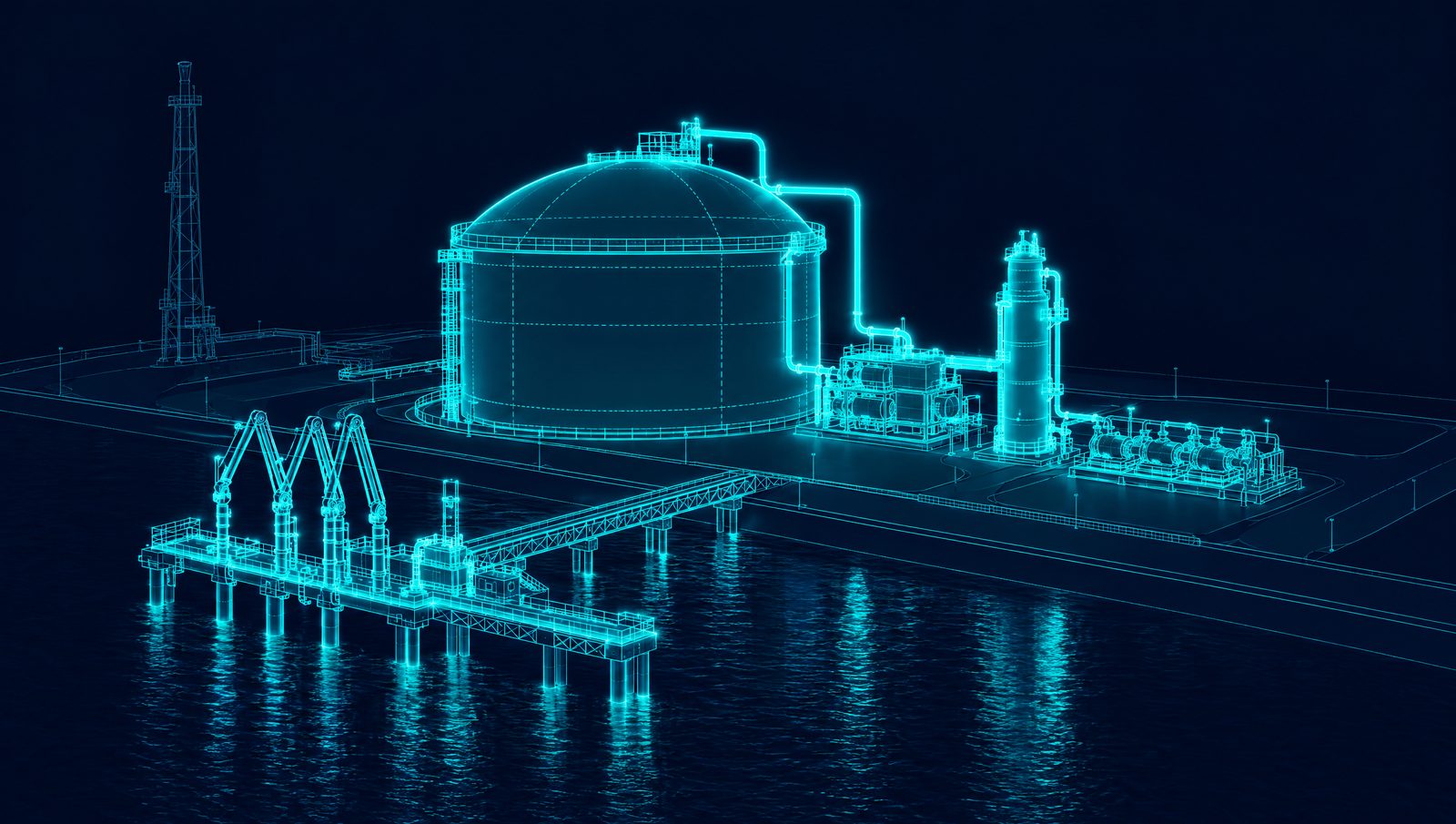 Wireframe rendering of an LNG storage tank with boil-off gas compressor, recondenser and loading jetty