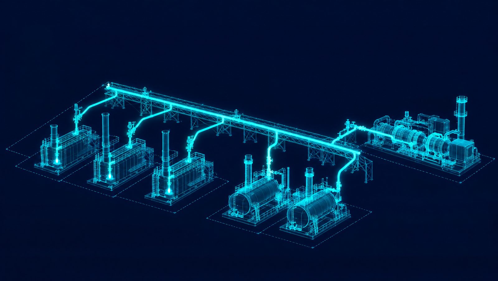Wireframe illustration of a fuel gas header feeding fired heaters, package boilers and a turbine-driven compressor