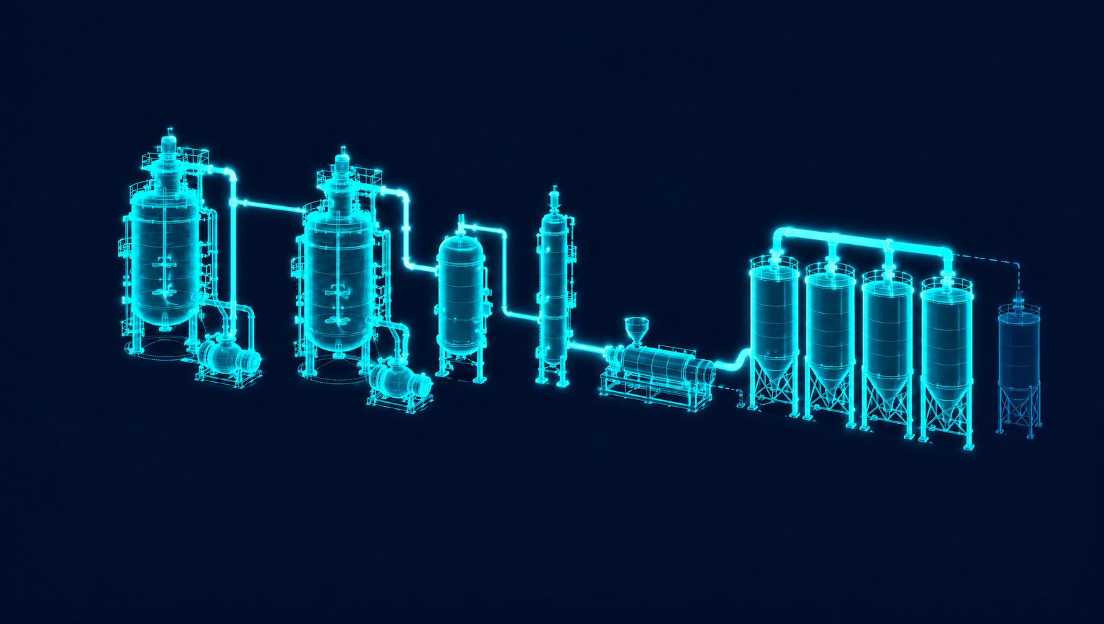 Wireframe illustration of a polyolefin line with two loop reactors, flash tank, purge column, extruder and product silos
